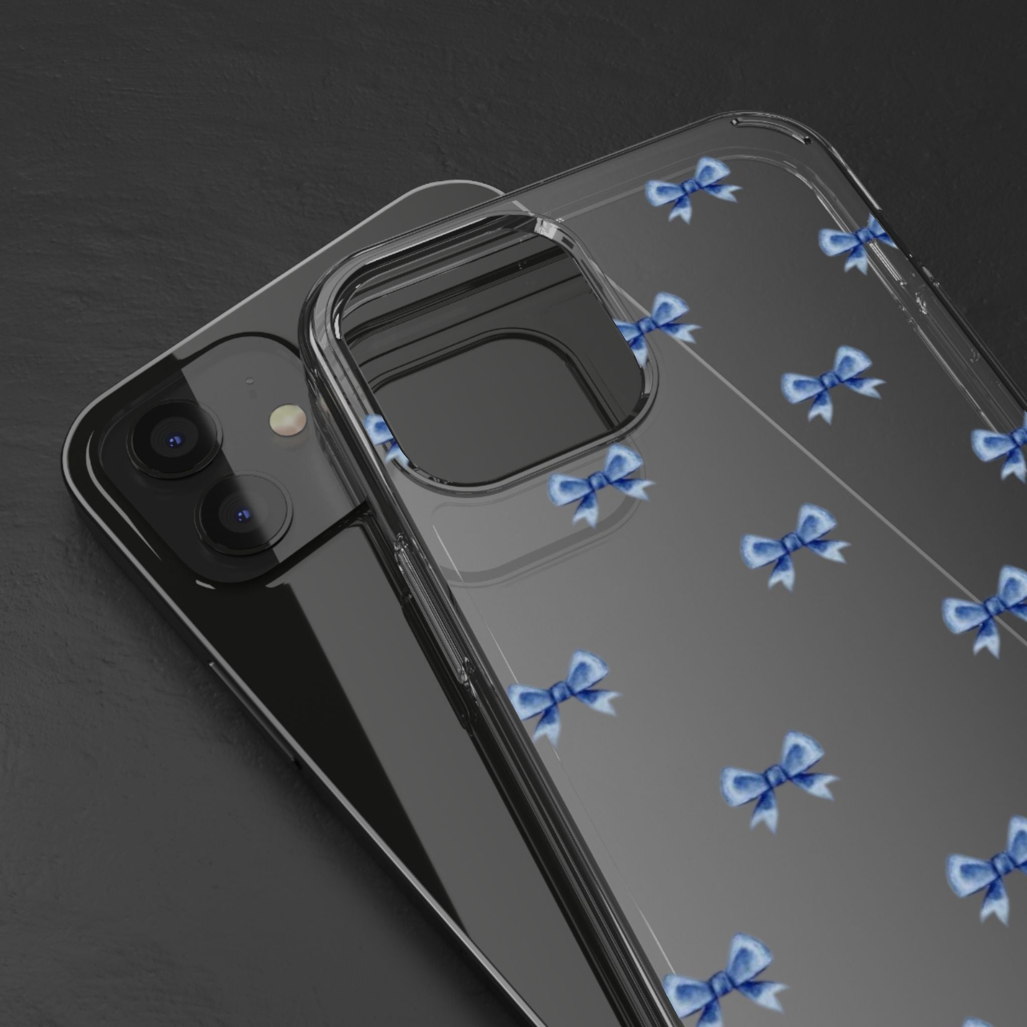 Clear Phone Case with Blue Watercolor Bows – Cute Floral Ribbon Pattern