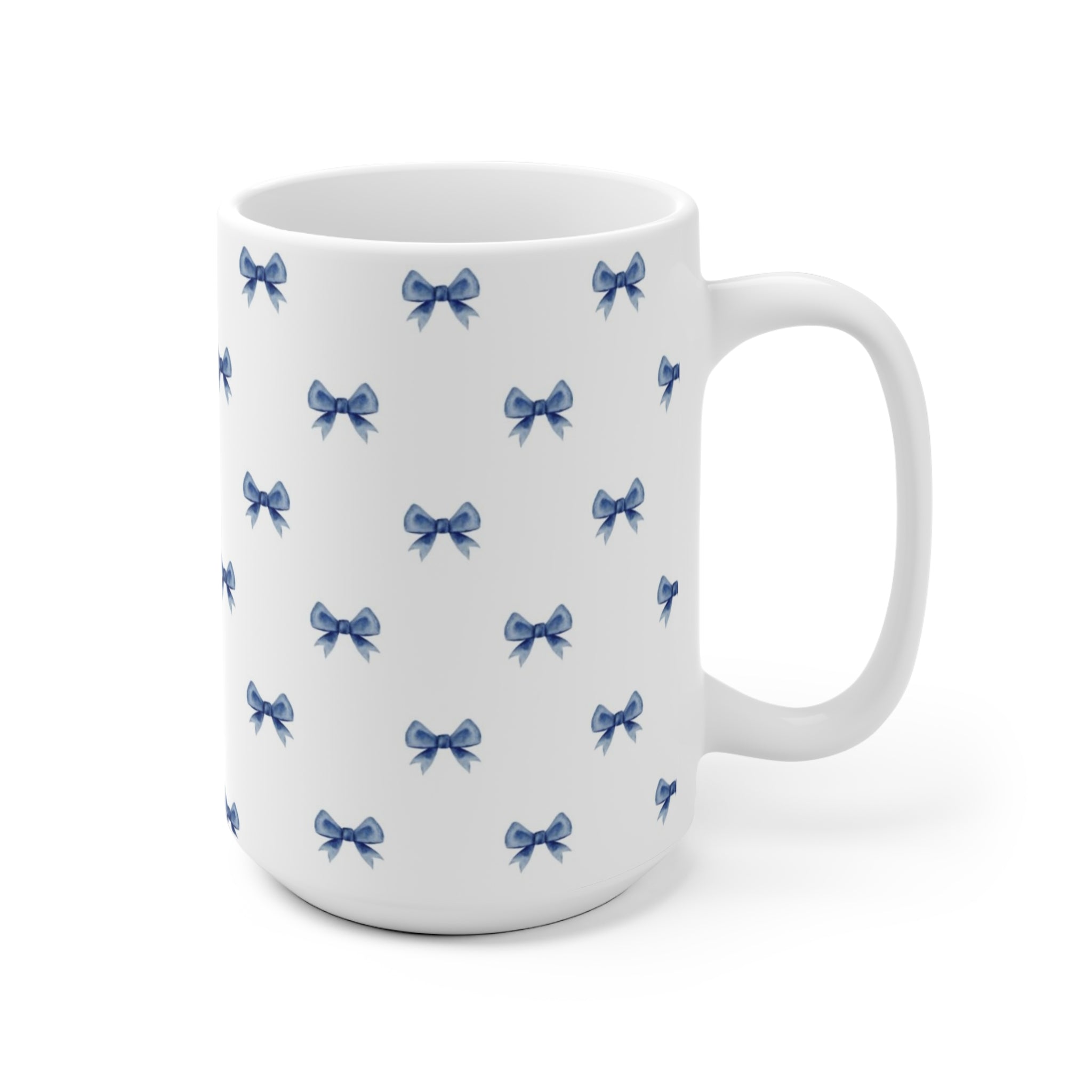 Blue Bow Pattern Ceramic Mug — Cute Feminine Tea & Coffee Cup