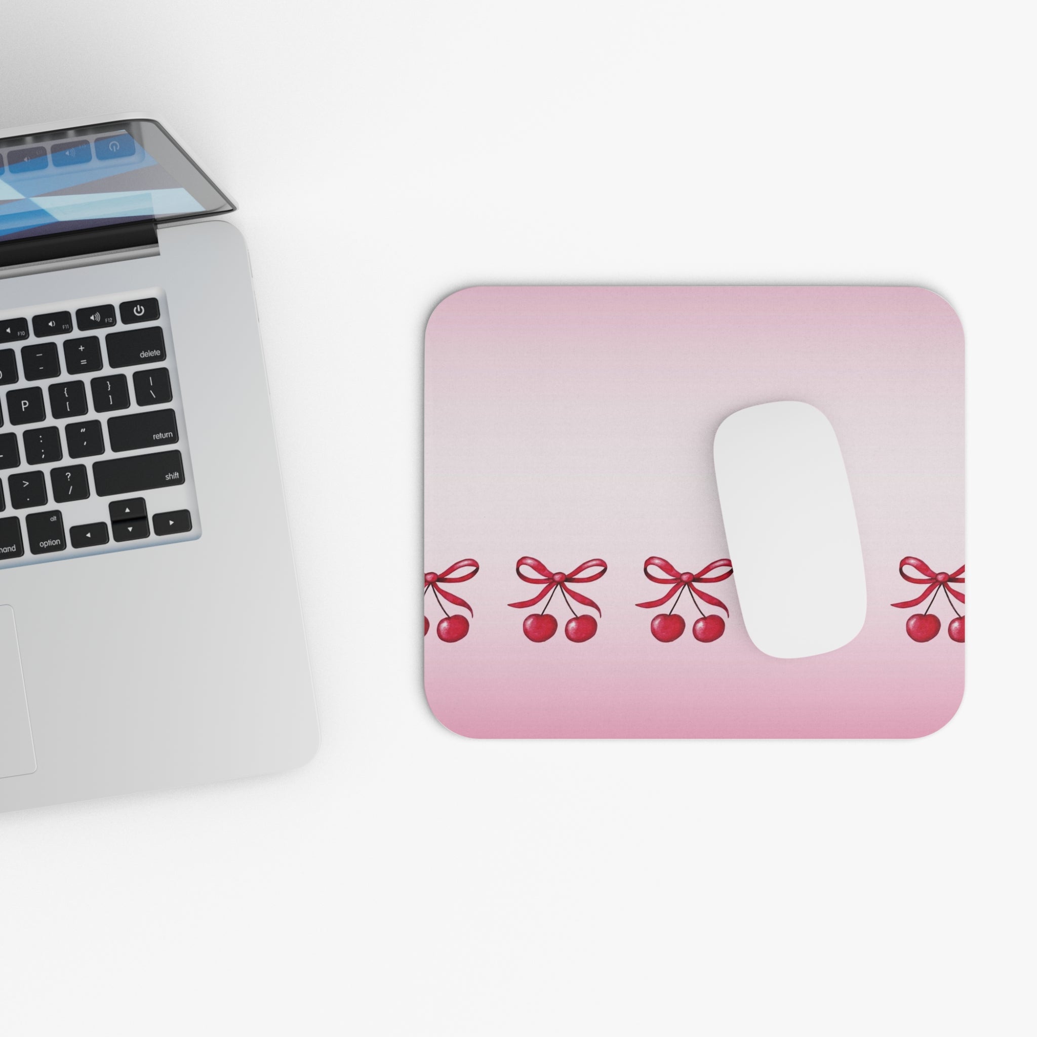Pink Cherry Pattern Mouse Pad — Cute Ribbon Cherry Desk Mat