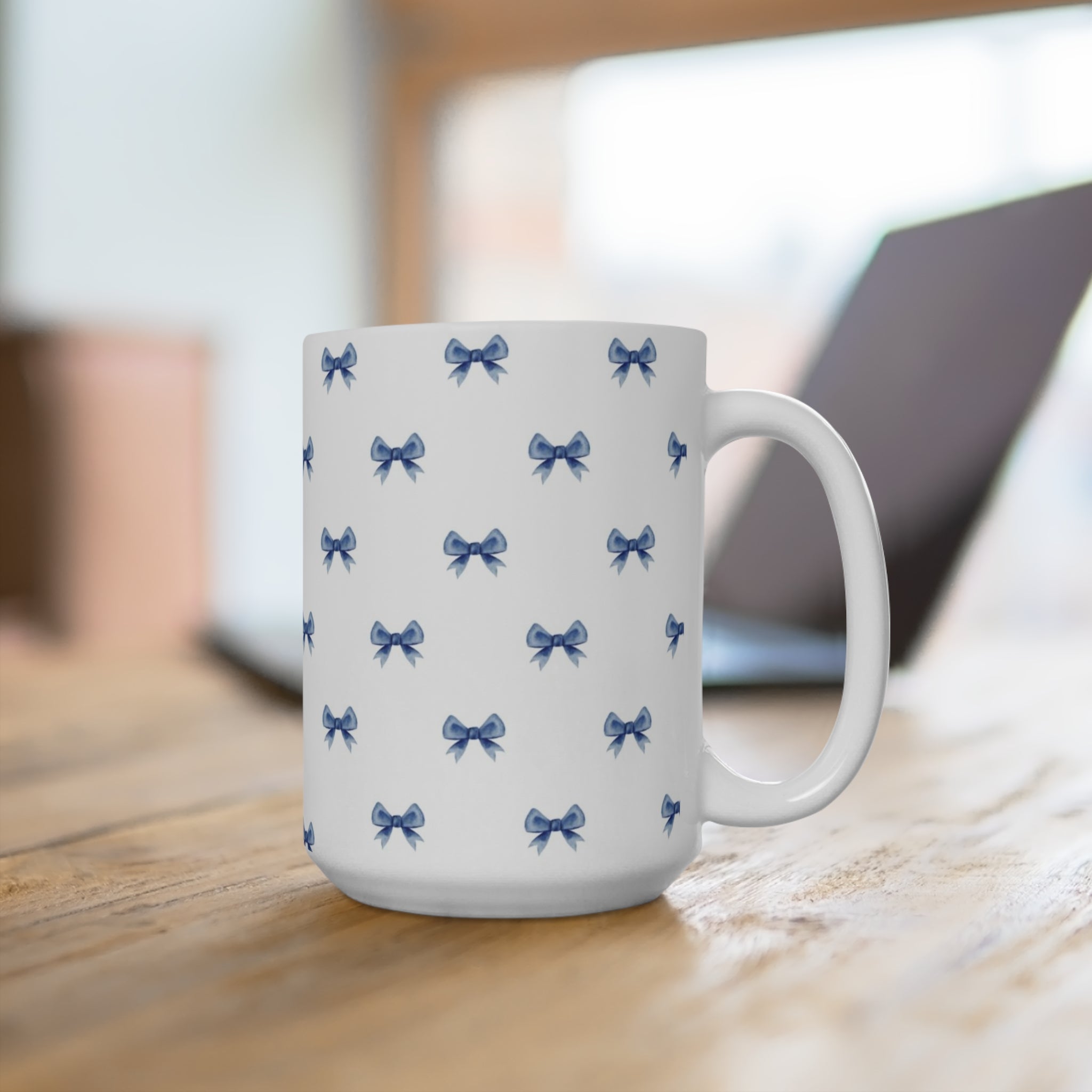 Blue Bow Pattern Ceramic Mug — Cute Feminine Tea & Coffee Cup