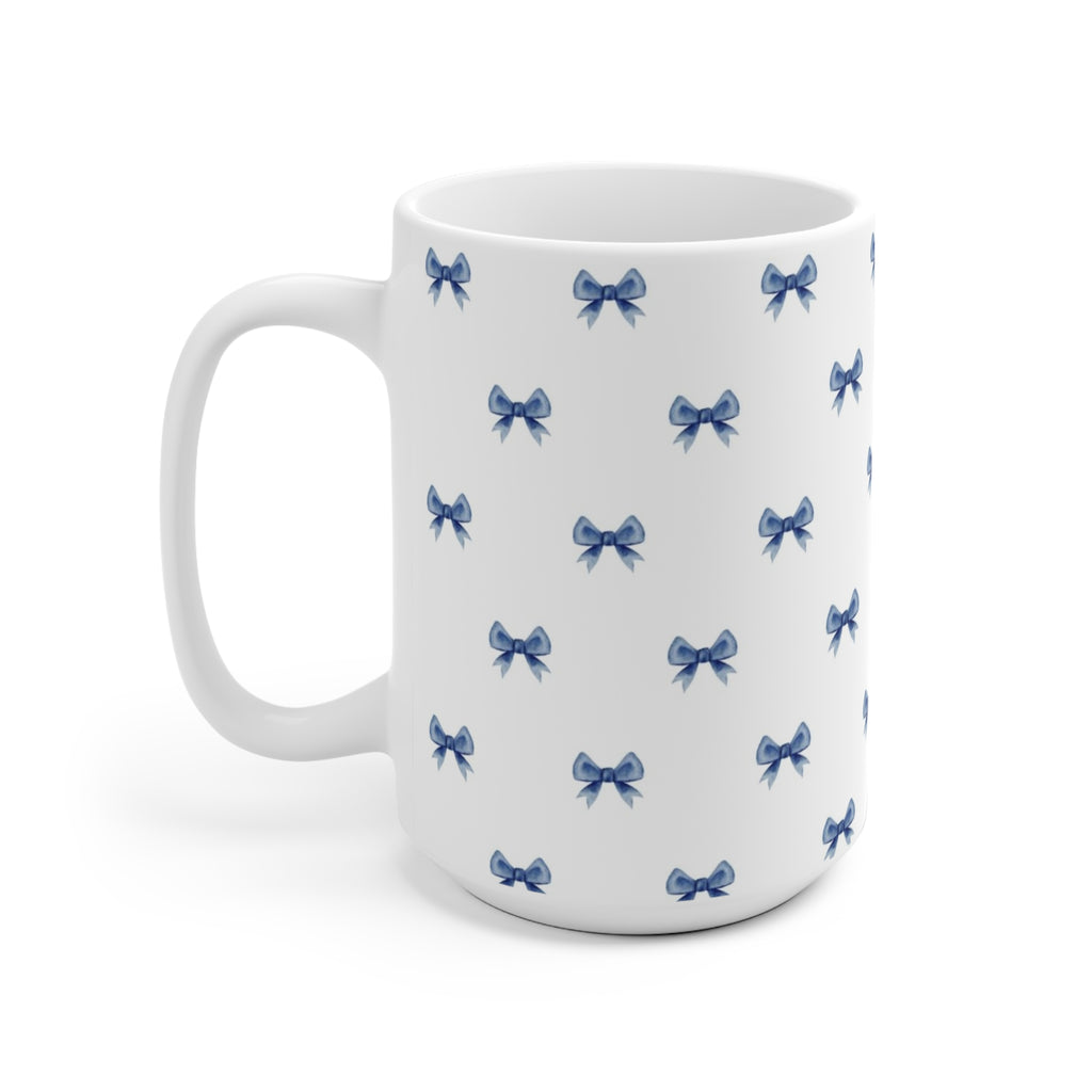 Blue Bow Pattern Ceramic Mug — Cute Feminine Tea & Coffee Cup