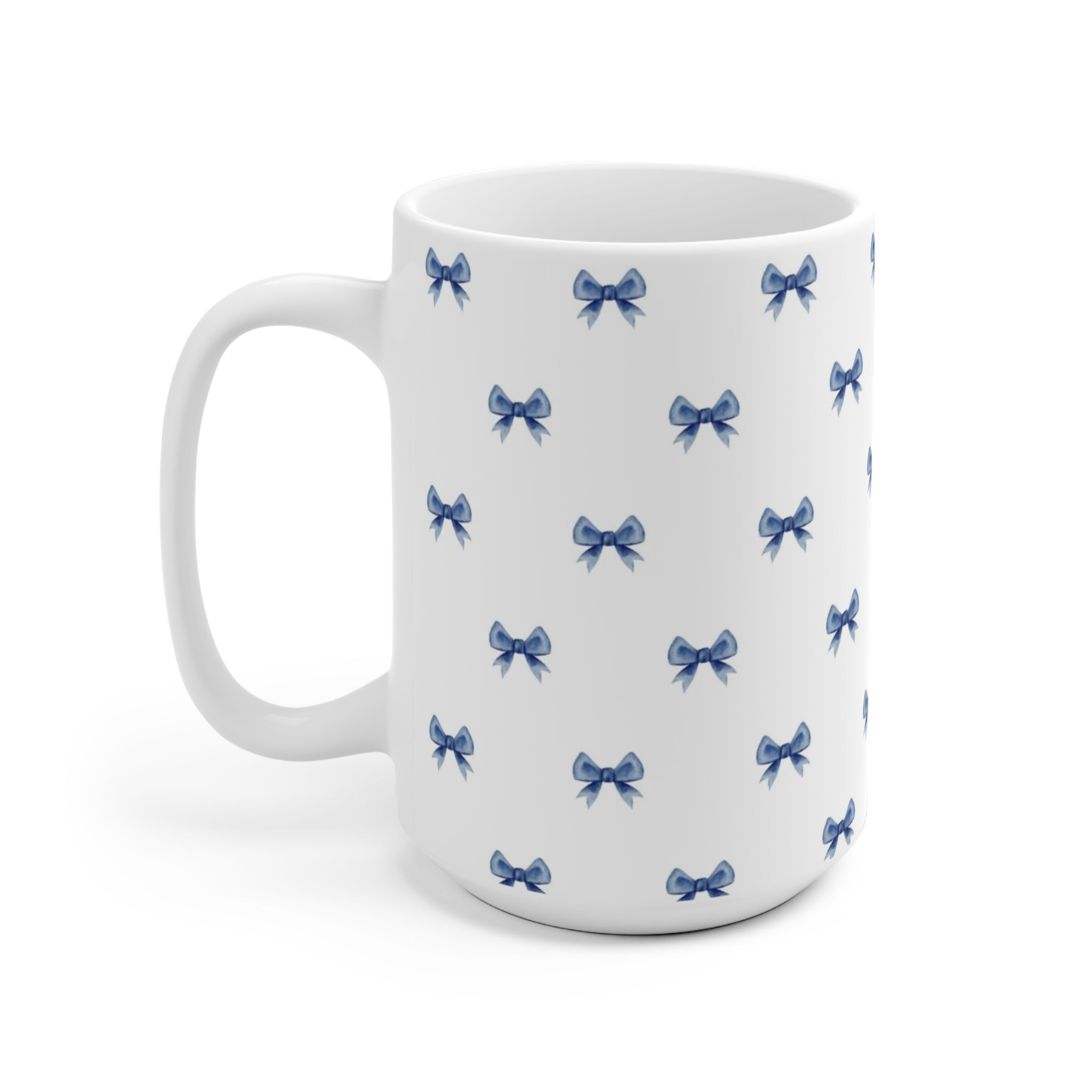 Blue Bow Pattern Ceramic Mug — Cute Feminine Tea & Coffee Cup