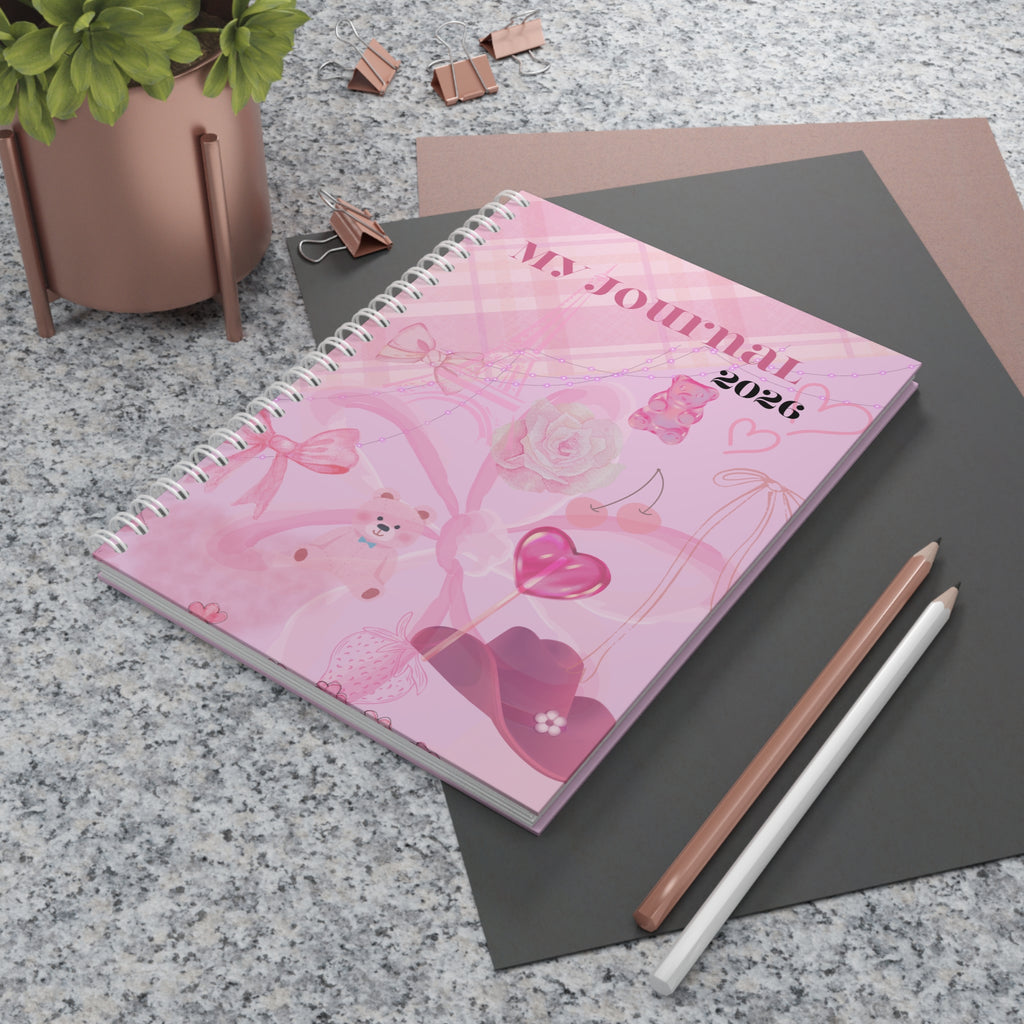 2026 Pink Girly Spiral Notebook — Cute Journal Planner with Teddy & Heart Design