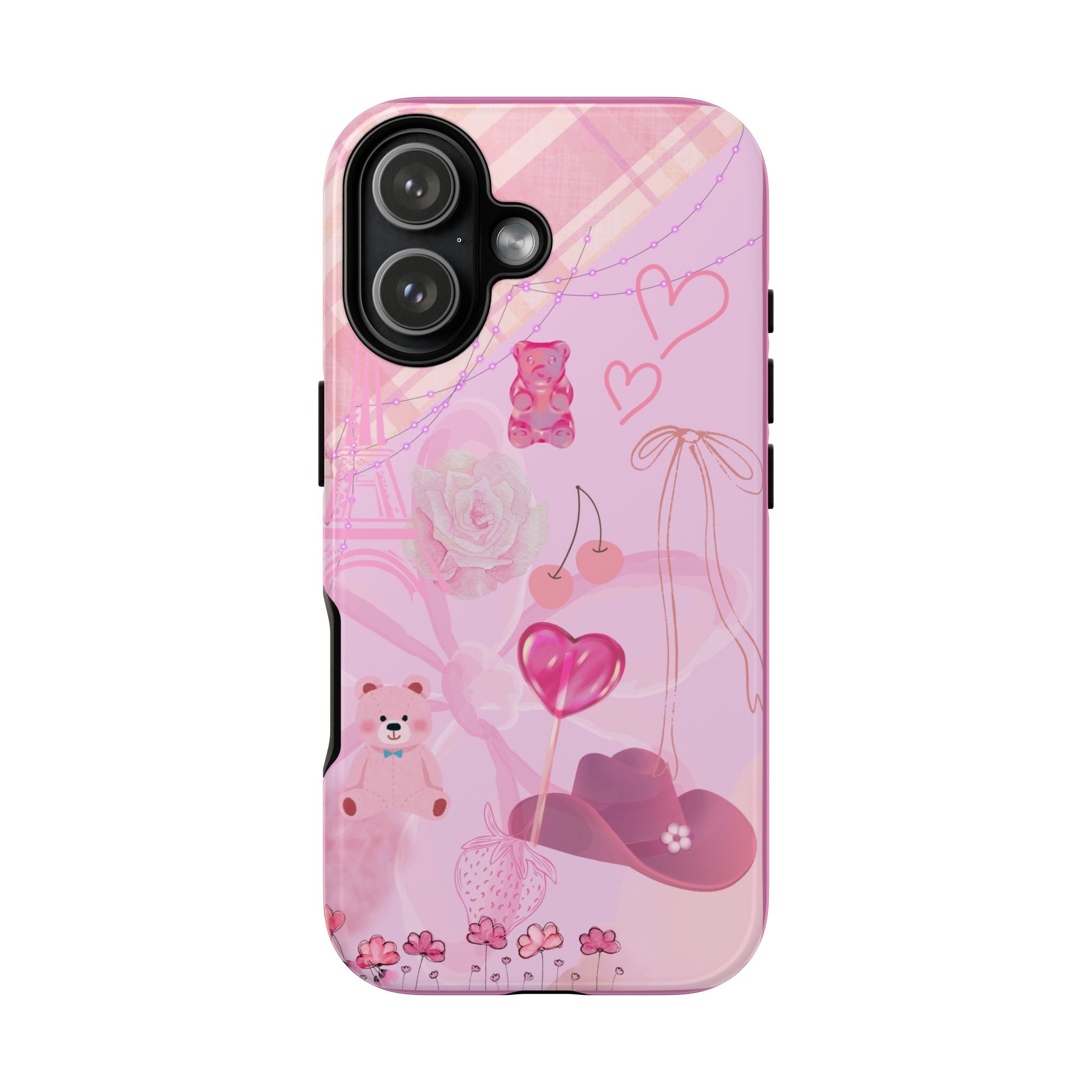 Pink Kawaii Phone Case — Cute Hearts, Teddy & Gummy Bear Design