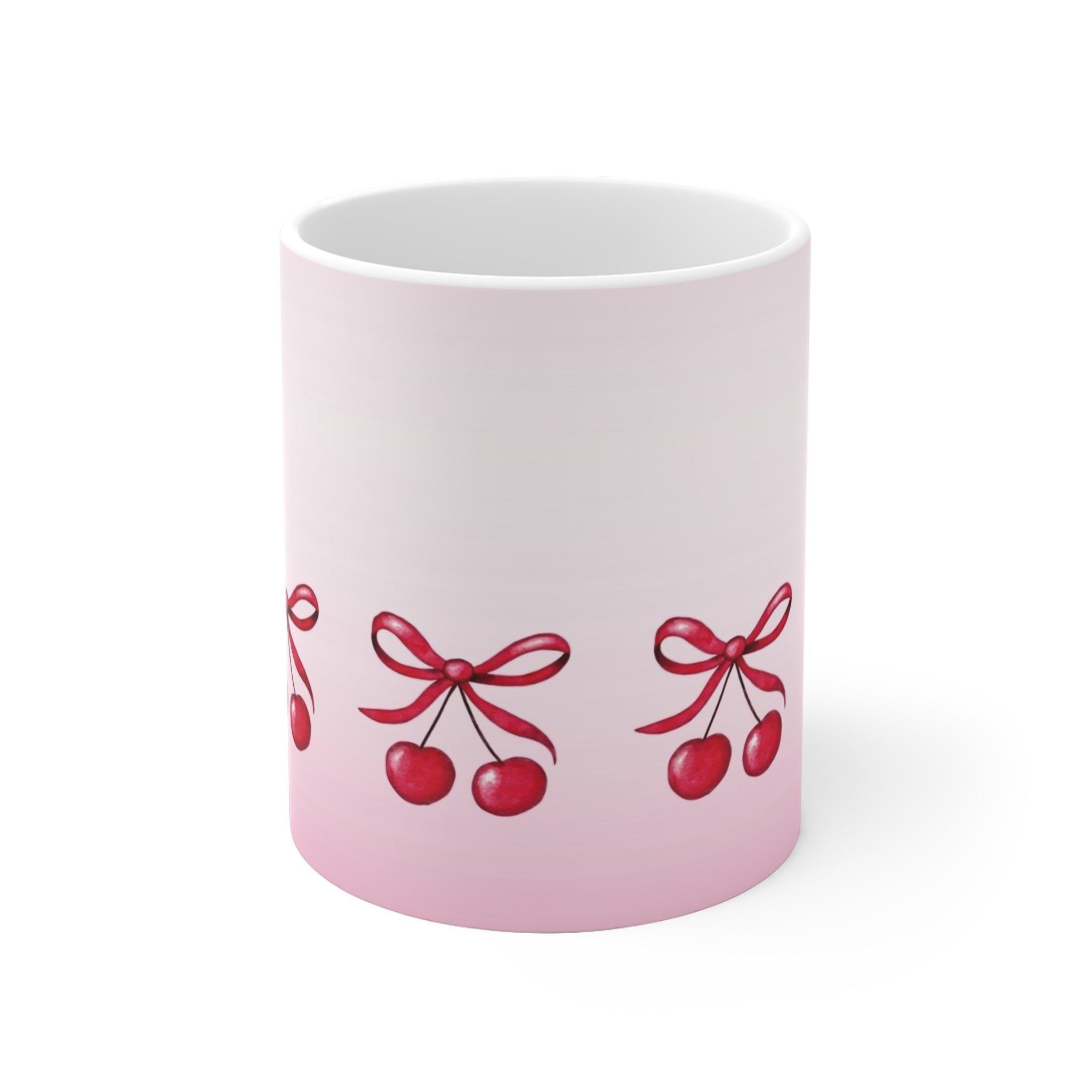 Cherry Ribbon Ceramic Mug — Cute Pink Cherry Pattern Coffee Cup