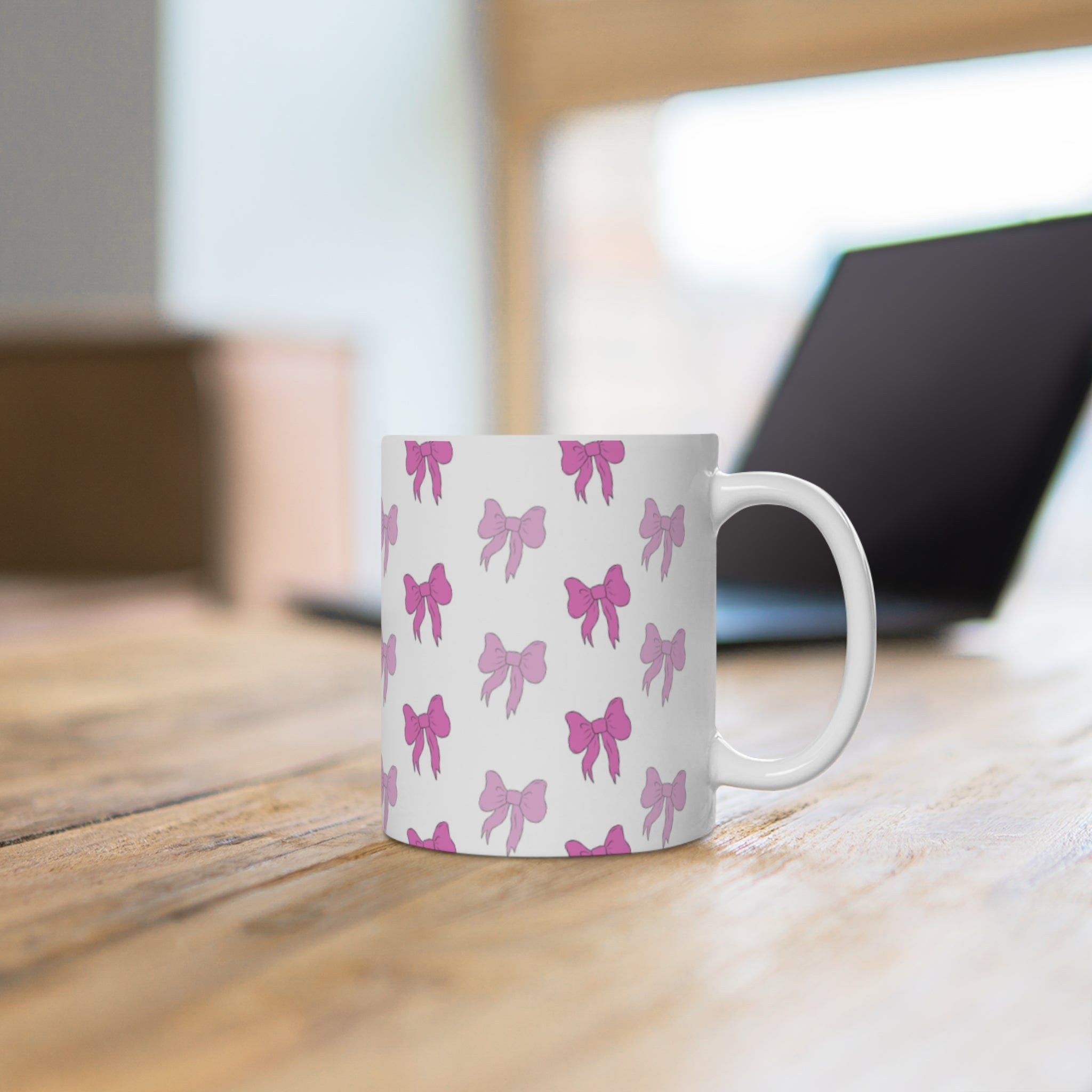 Pink Bow Pattern Ceramic Mug — Cute Feminine Coffee Cup for Kids & Gifts
