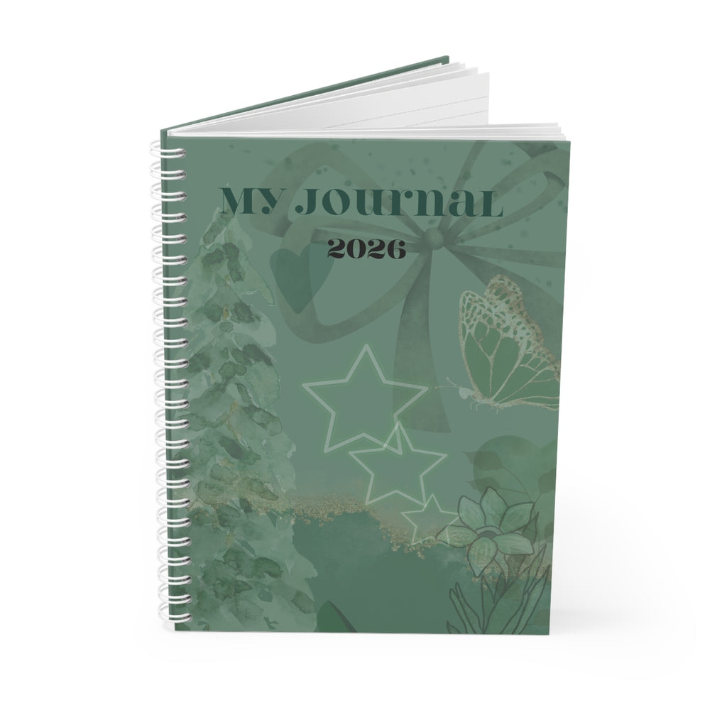 2026 My Journal Spiral Notebook — Green Floral & Stars Daily Planner