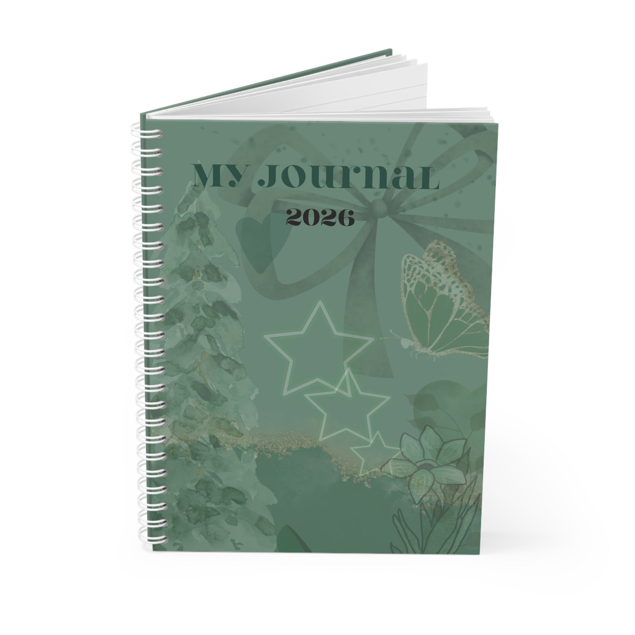 2026 My Journal Spiral Notebook — Green Floral & Stars Daily Planner
