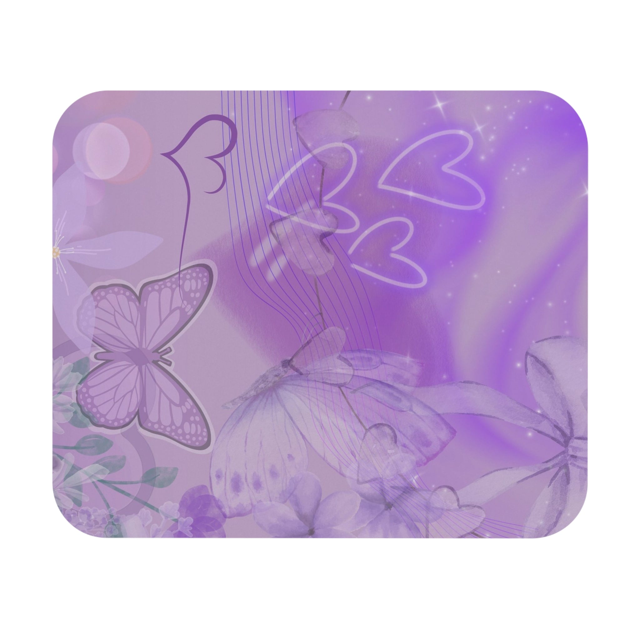 Lavender Butterfly Heart Mouse Pad — Purple Floral Desk Mat