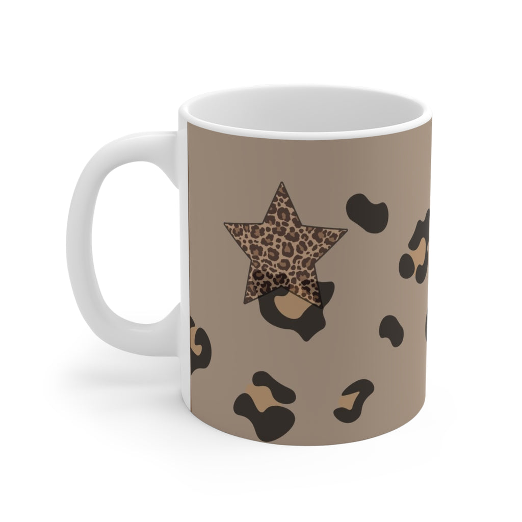 Leopard Print Star Ceramic Mug — Brown Animal Pattern Coffee Cup