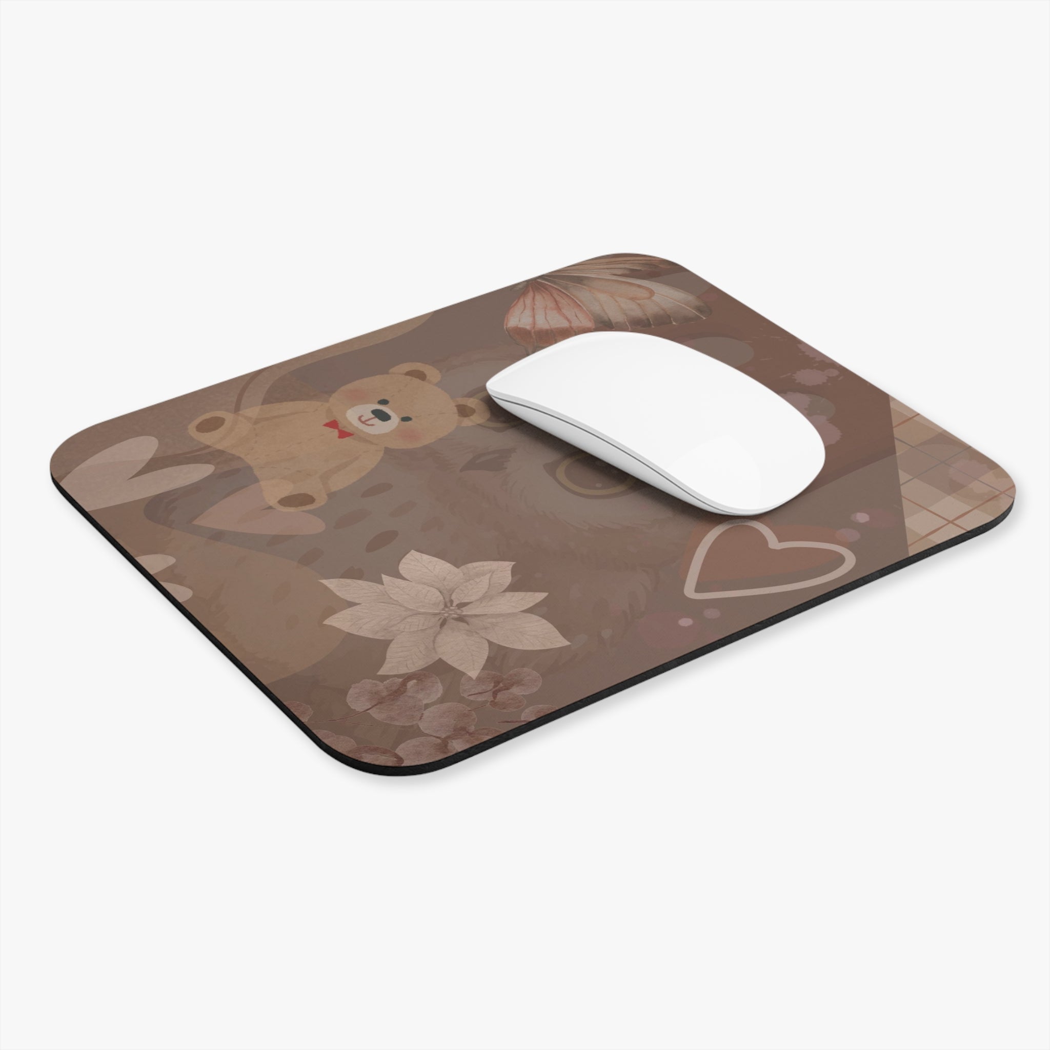Cute Brown Teddy Bear Heart Mouse Pad – Cozy Floral Aesthetic Desk Mat
