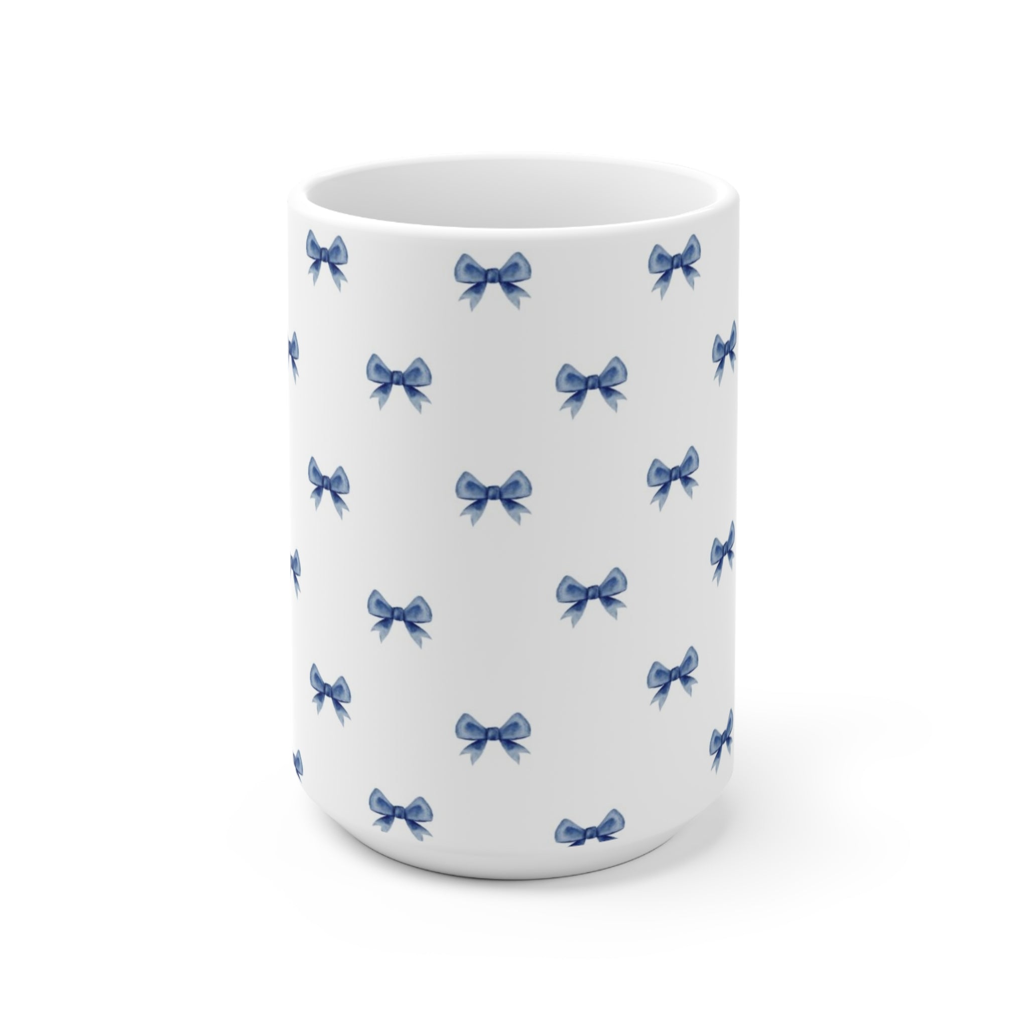 Blue Bow Pattern Ceramic Mug — Cute Feminine Tea & Coffee Cup