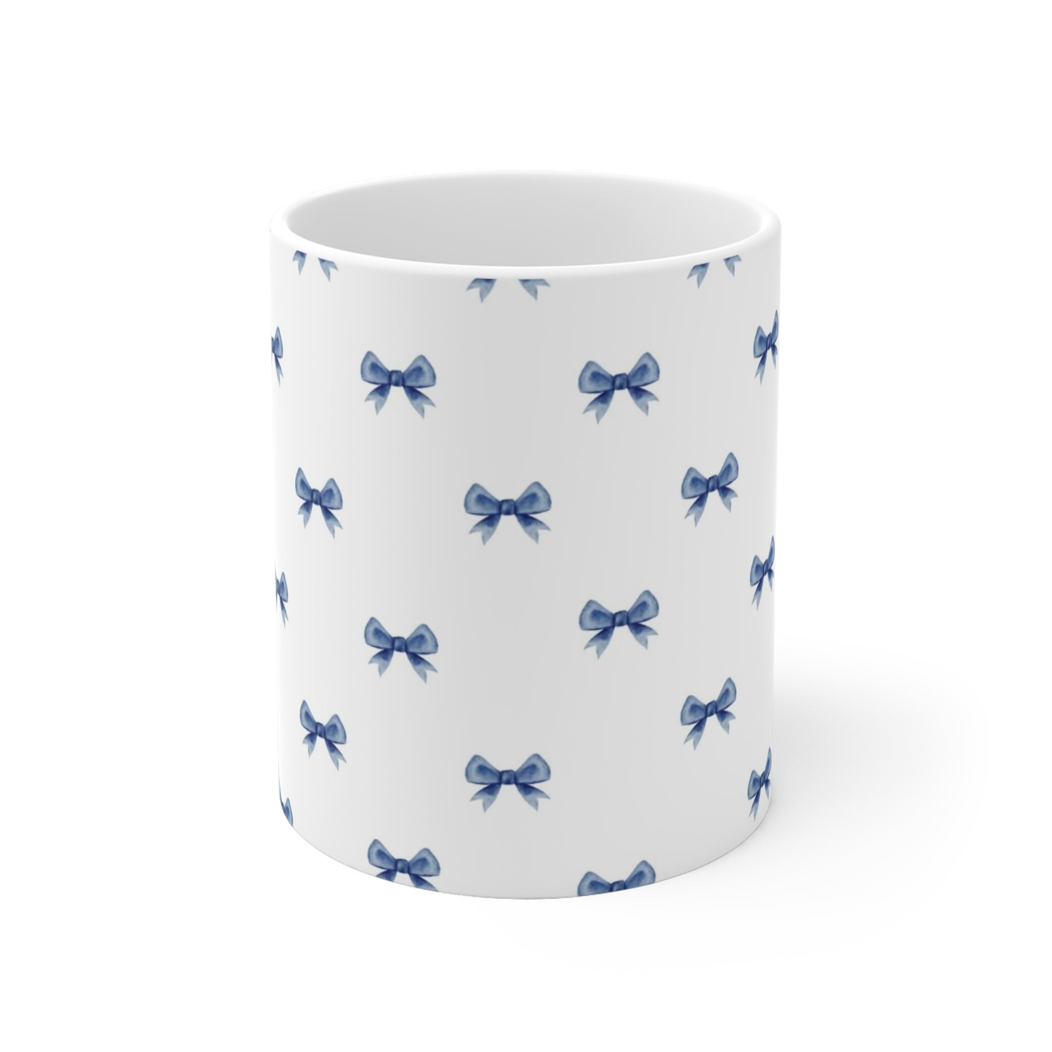 Blue Bow Pattern Ceramic Mug — Cute Feminine Tea & Coffee Cup