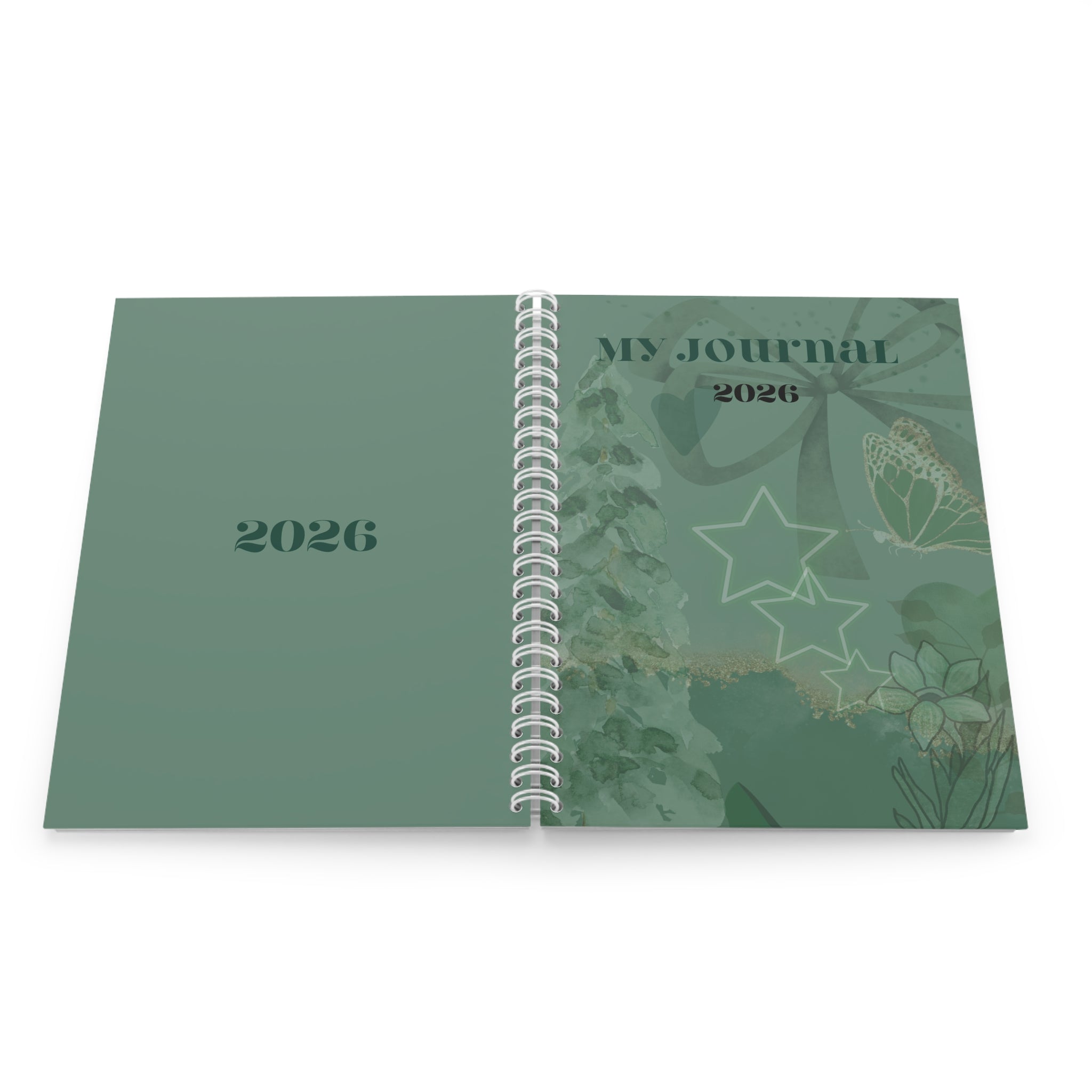 2026 My Journal Spiral Notebook — Green Floral & Stars Daily Planner
