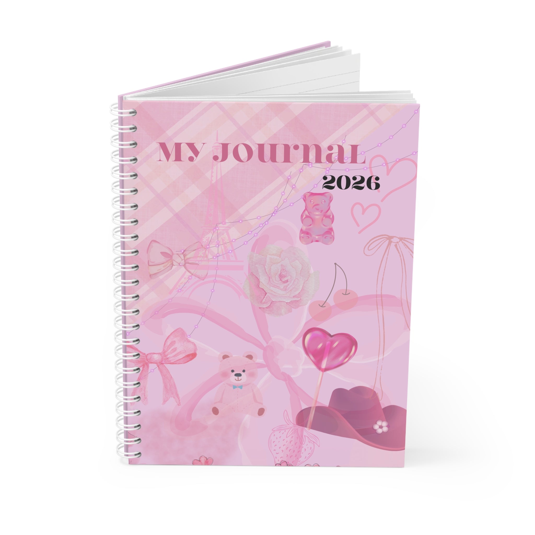 2026 Pink Girly Spiral Notebook — Cute Journal Planner with Teddy & Heart Design