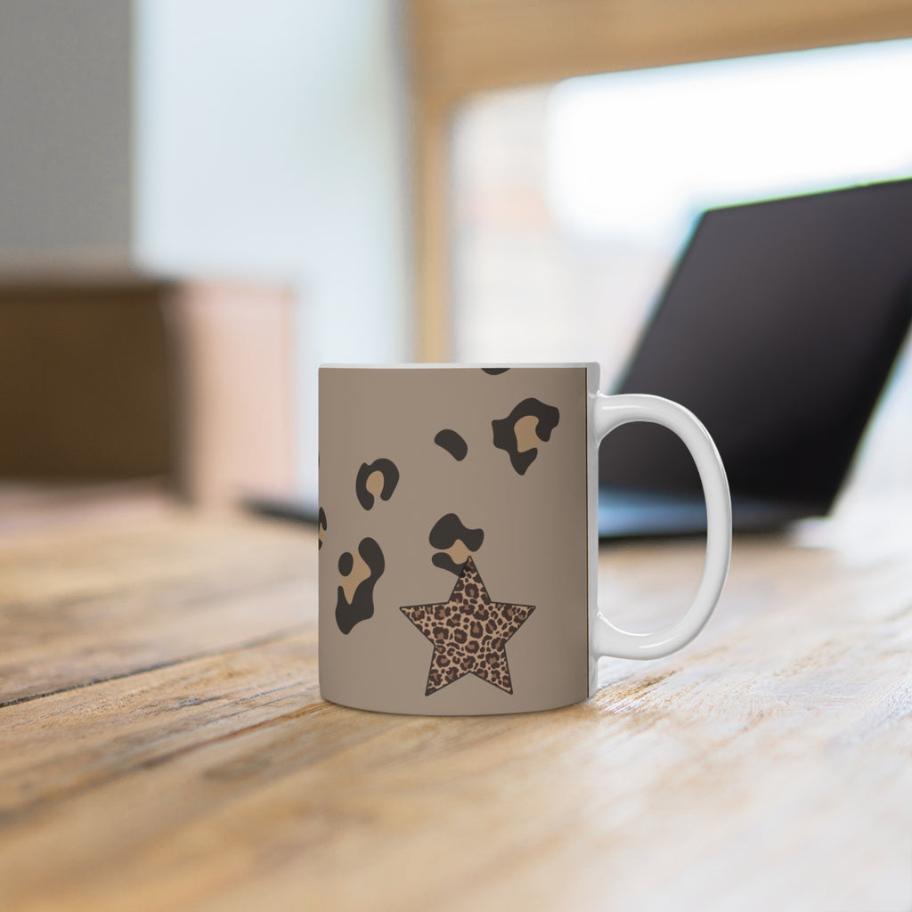 Leopard Print Star Ceramic Mug — Brown Animal Pattern Coffee Cup
