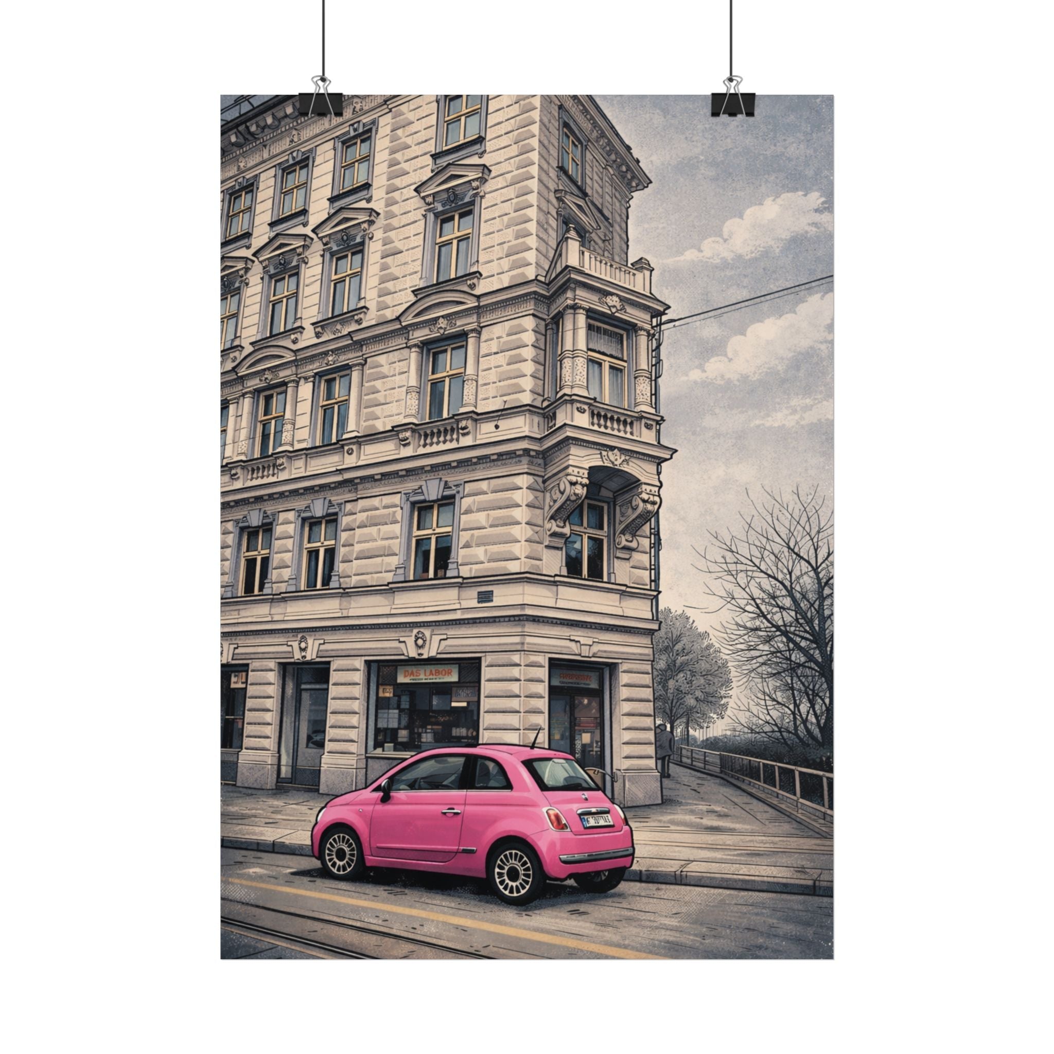 Vintage European Street Poster — Pink Fiat in Classic Cityscape