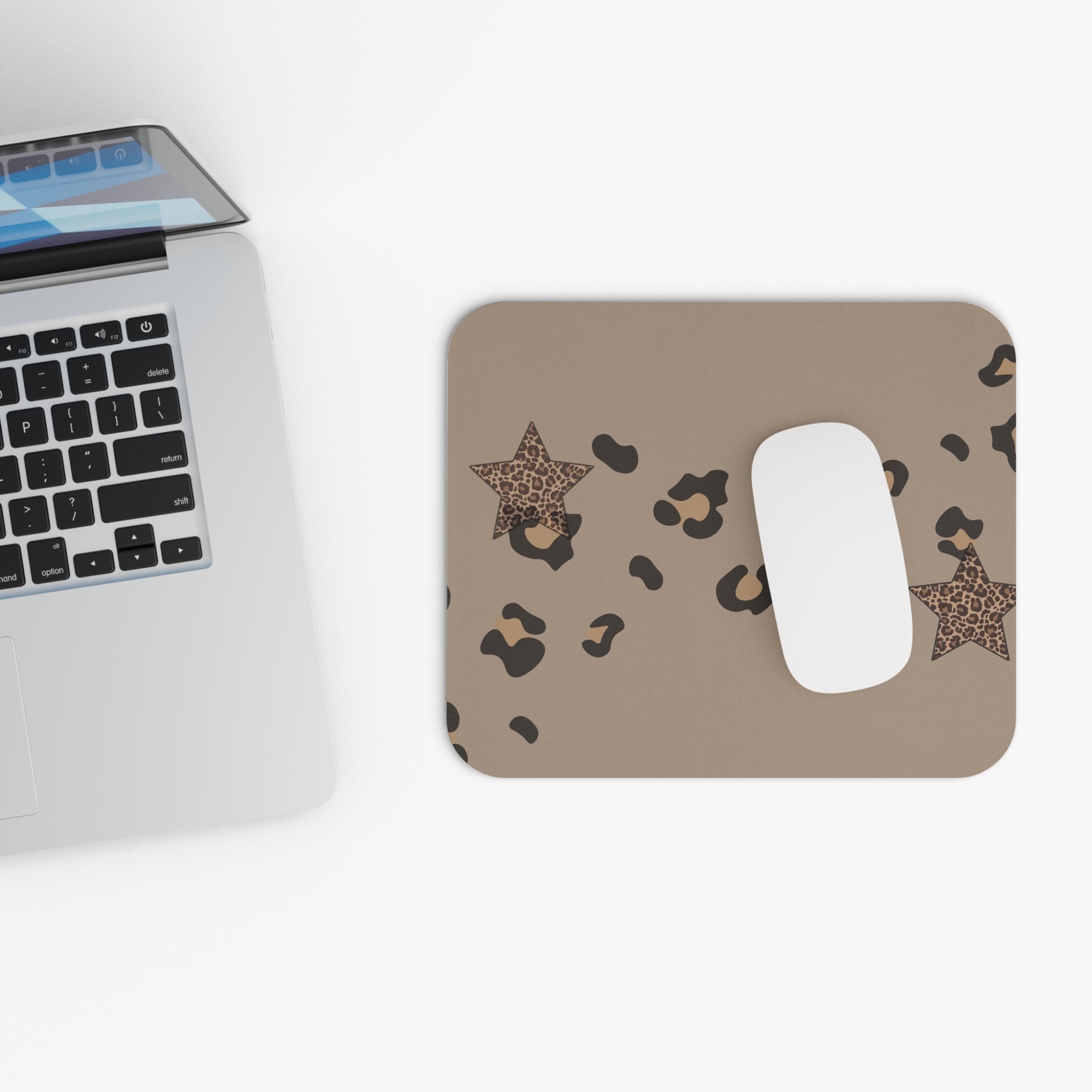 Leopard Stars Mouse Pad — Neutral Taupe Animal Print Desk Mat