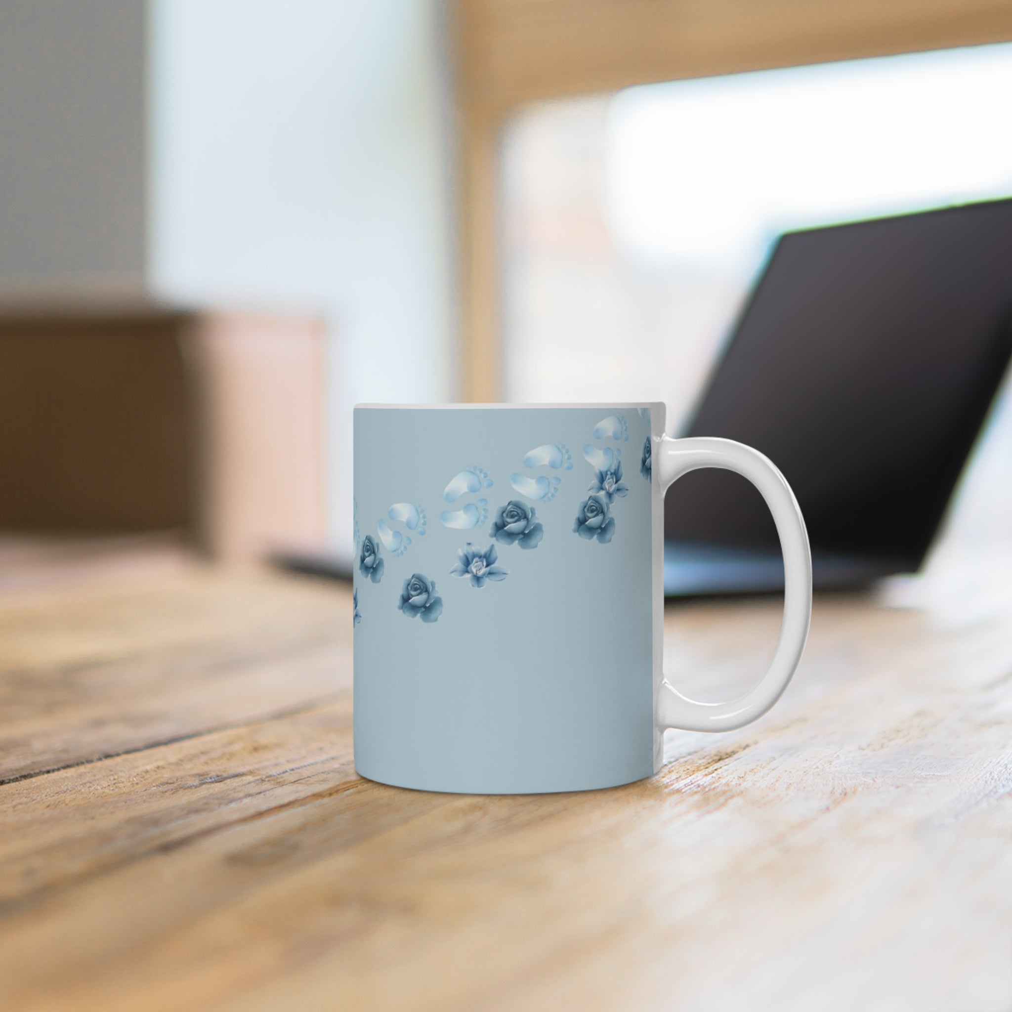 Blue Floral Ceramic Mug — Delicate Rose Pattern Tea & Coffee Cup