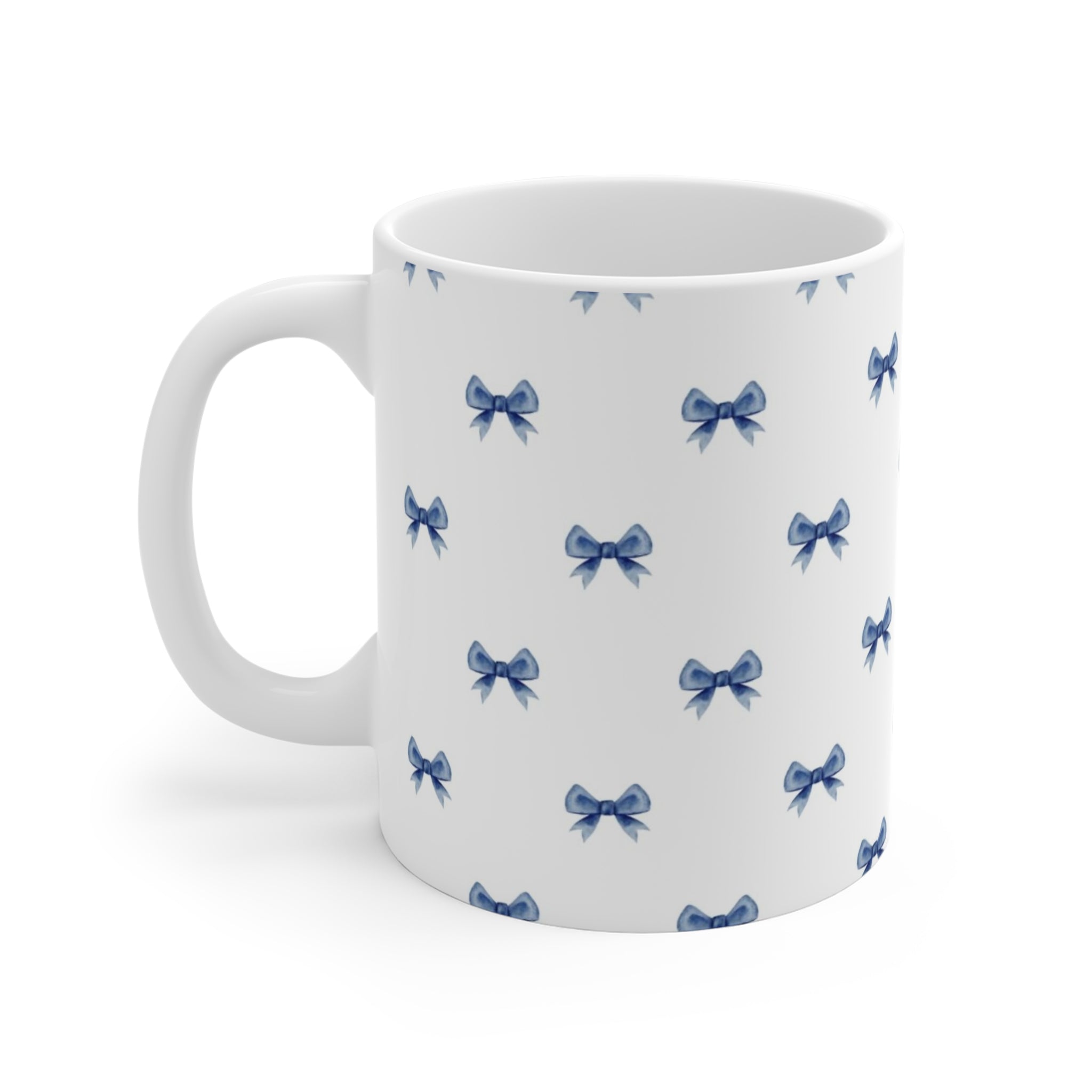 Blue Bow Pattern Ceramic Mug — Cute Feminine Tea & Coffee Cup