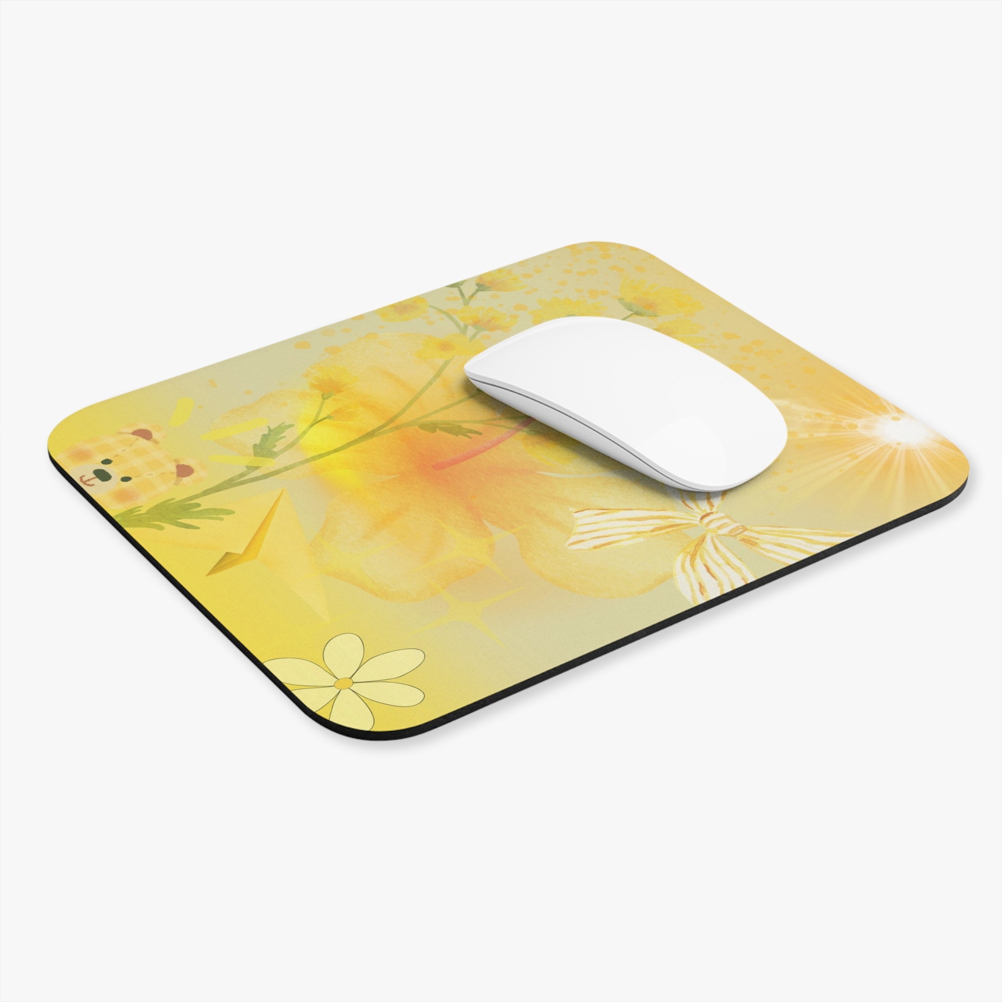 Yellow Floral Bear Mouse Pad — Cute Spring Desk Accessory