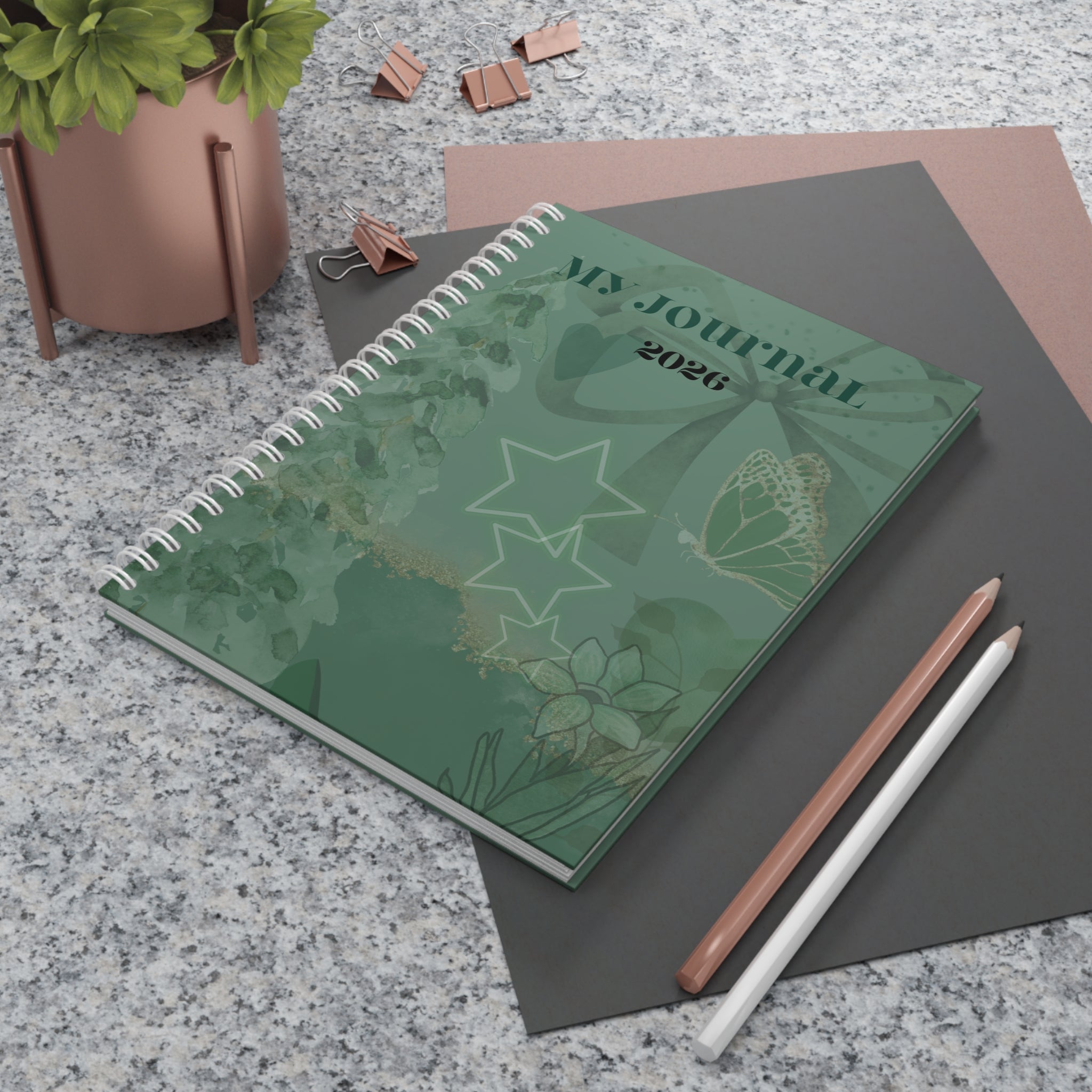 2026 My Journal Spiral Notebook — Green Floral & Stars Daily Planner
