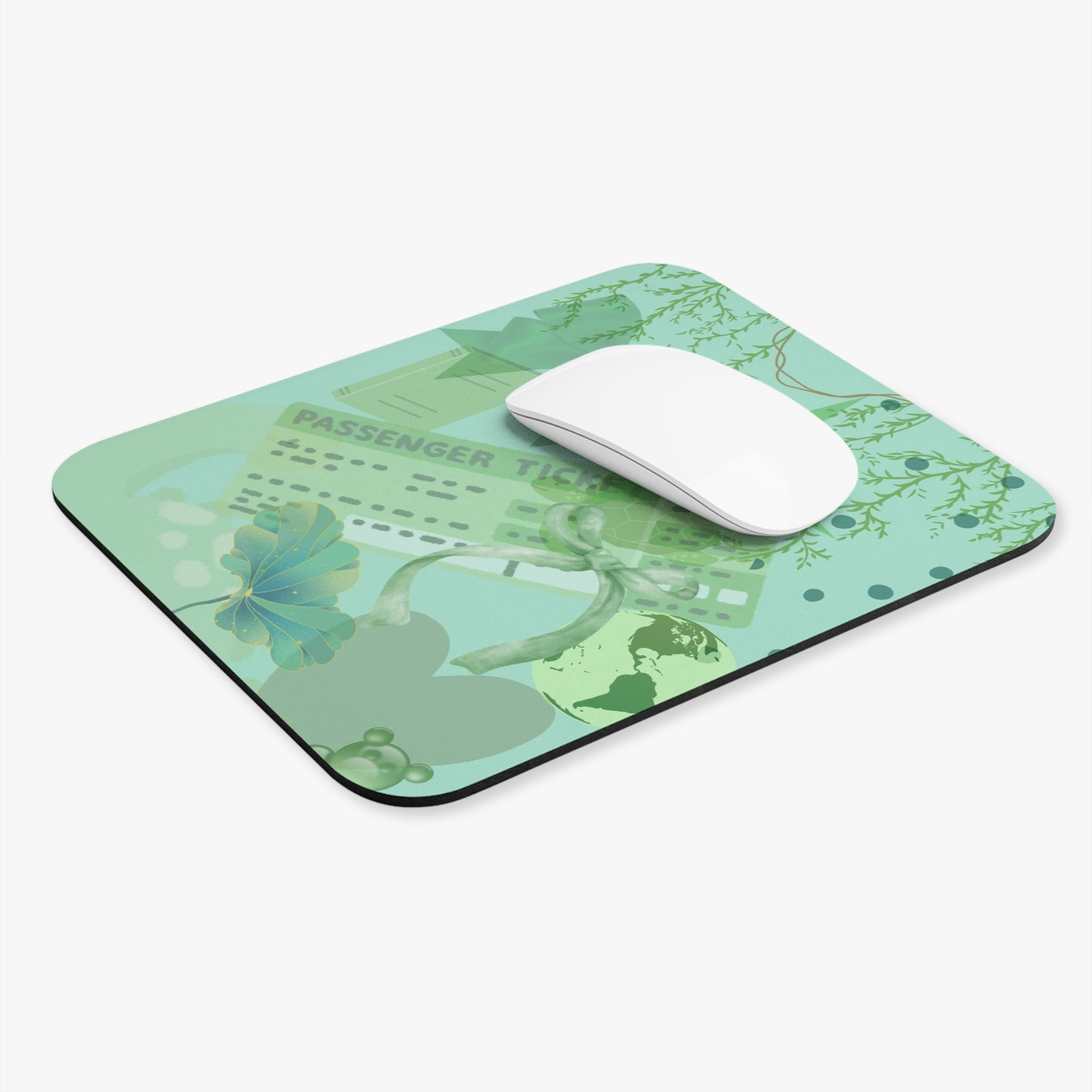 Aqua Dream Collage Mouse Pad — Travel Ticket & Botanical Design