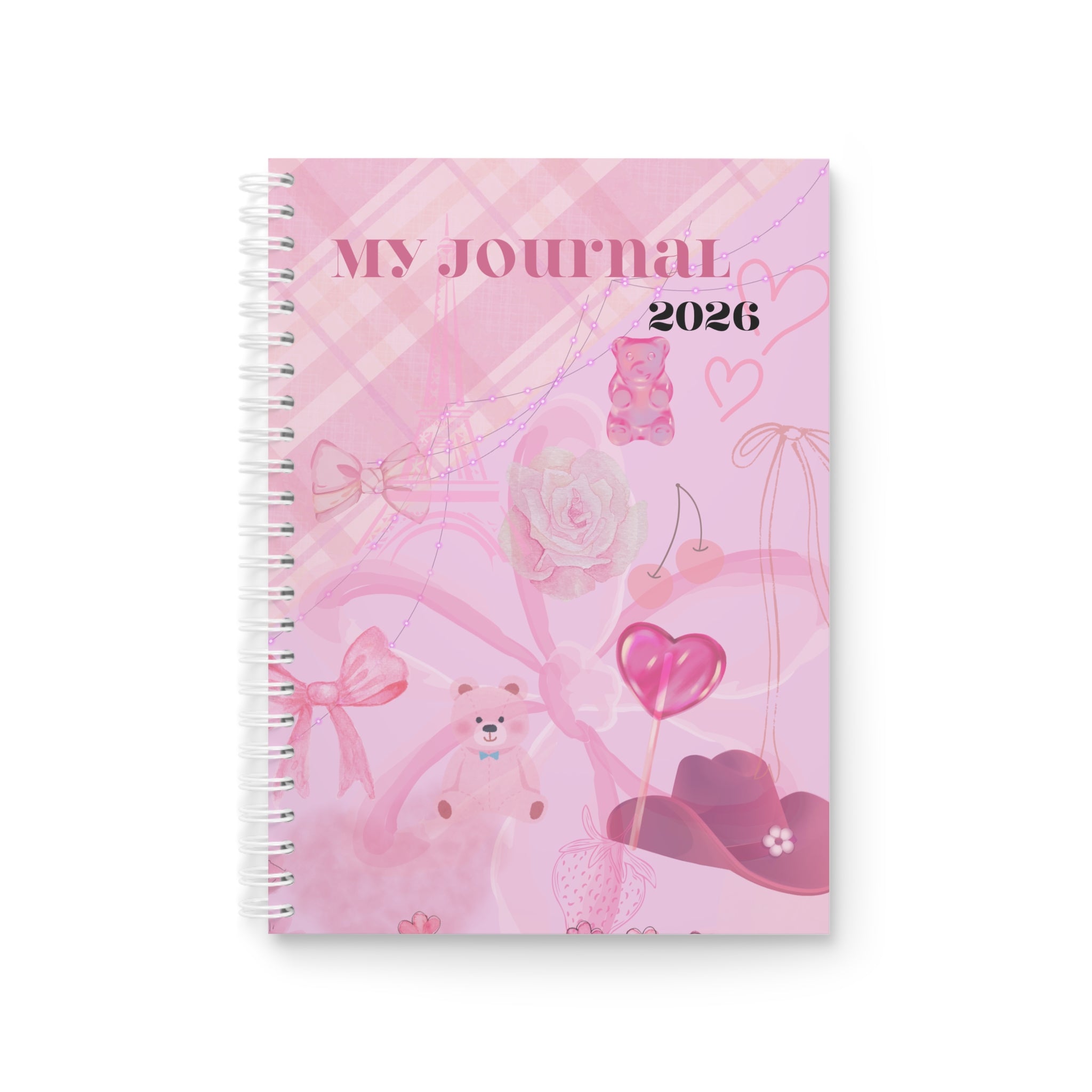 2026 Pink Girly Spiral Notebook — Cute Journal Planner with Teddy & Heart Design