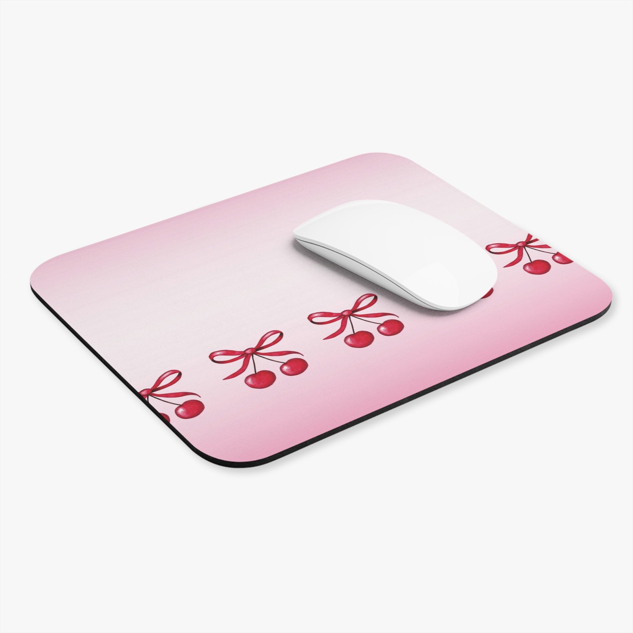 Pink Cherry Pattern Mouse Pad — Cute Ribbon Cherry Desk Mat