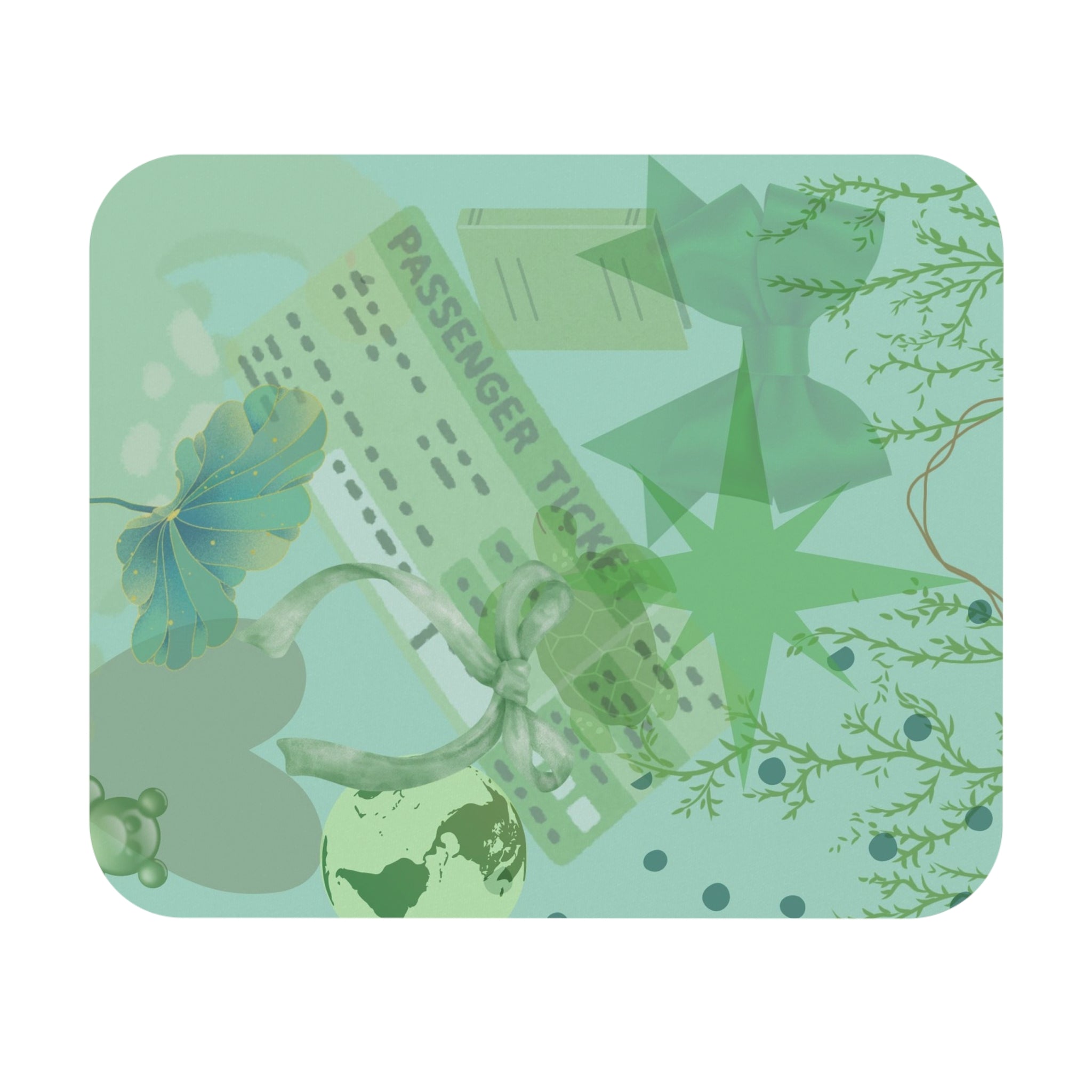 Aqua Dream Collage Mouse Pad — Travel Ticket & Botanical Design
