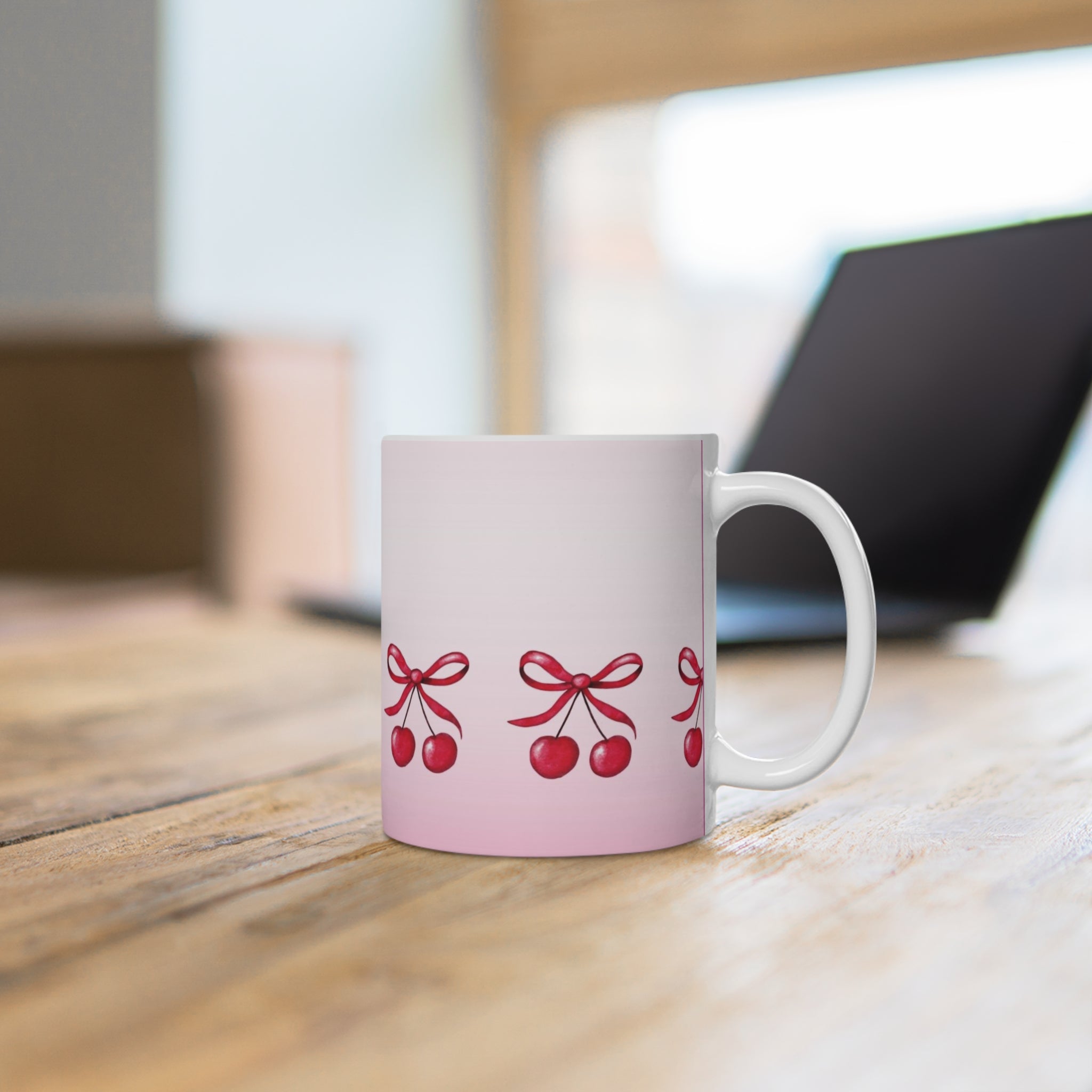 Cherry Ribbon Ceramic Mug — Cute Pink Cherry Pattern Coffee Cup