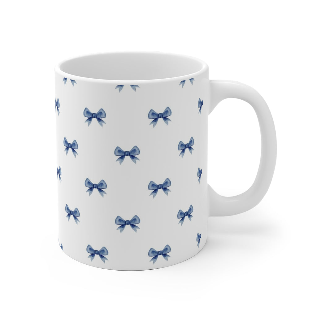 Blue Bow Pattern Ceramic Mug — Cute Feminine Tea & Coffee Cup