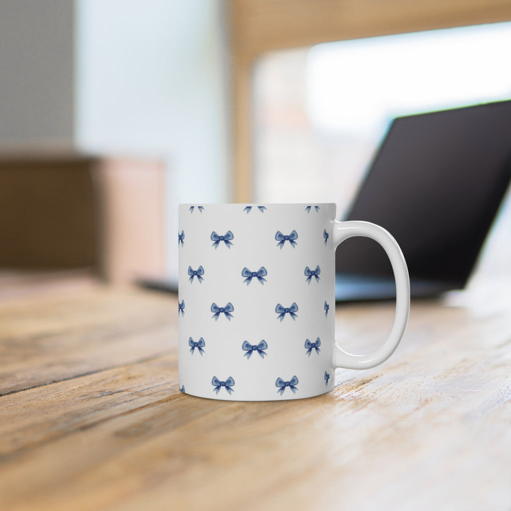 Blue Bow Pattern Ceramic Mug — Cute Feminine Tea & Coffee Cup