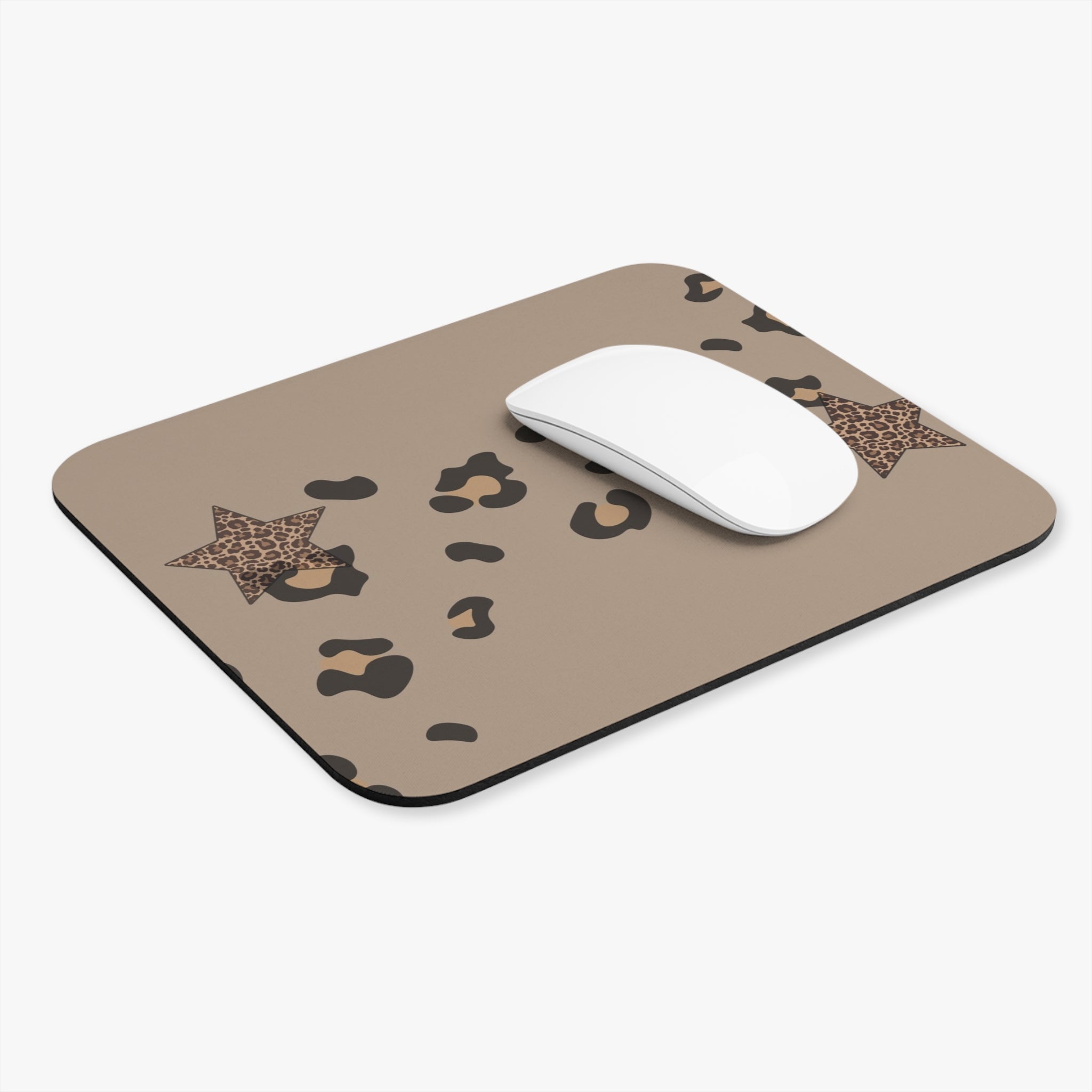 Leopard Stars Mouse Pad — Neutral Taupe Animal Print Desk Mat