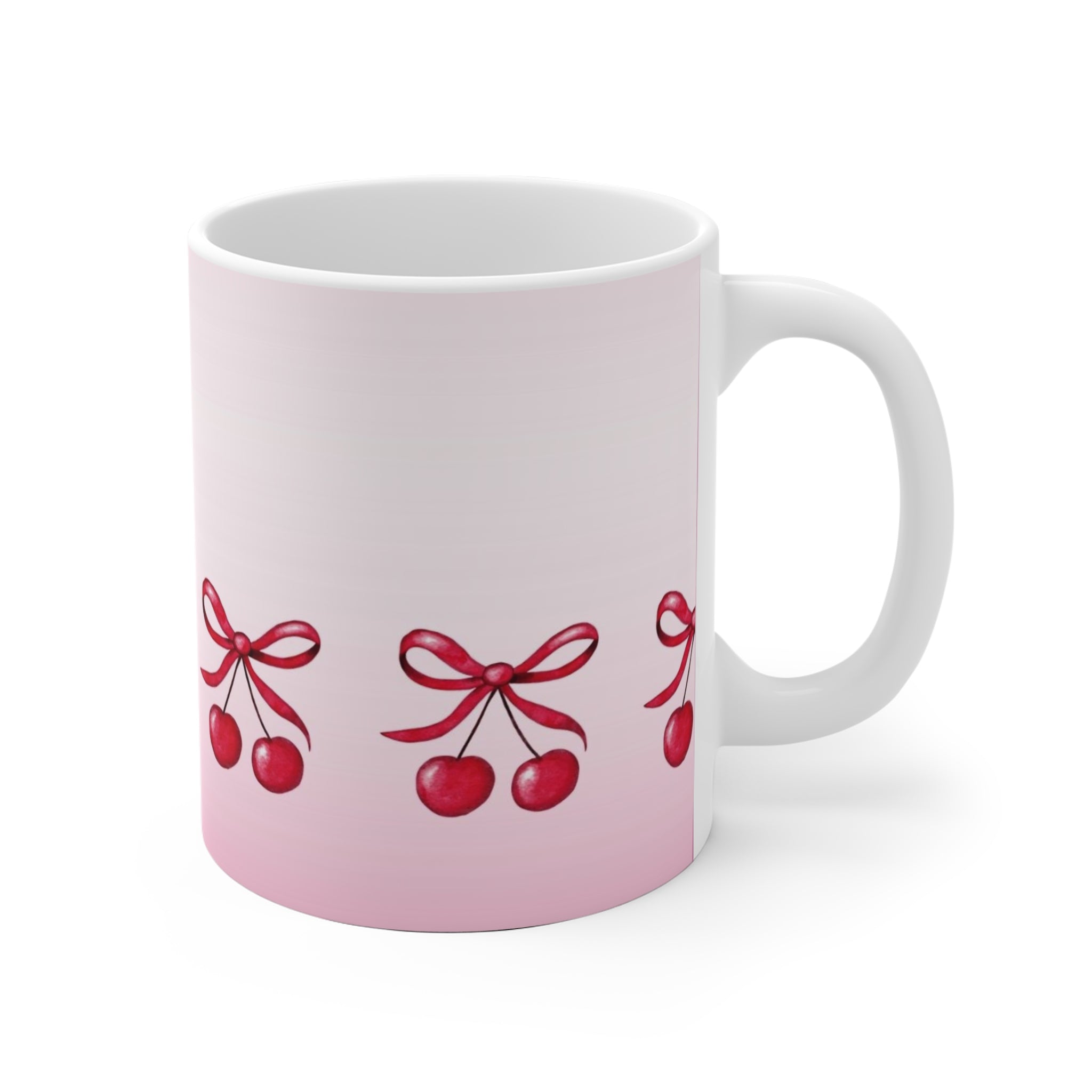 Cherry Ribbon Ceramic Mug — Cute Pink Cherry Pattern Coffee Cup