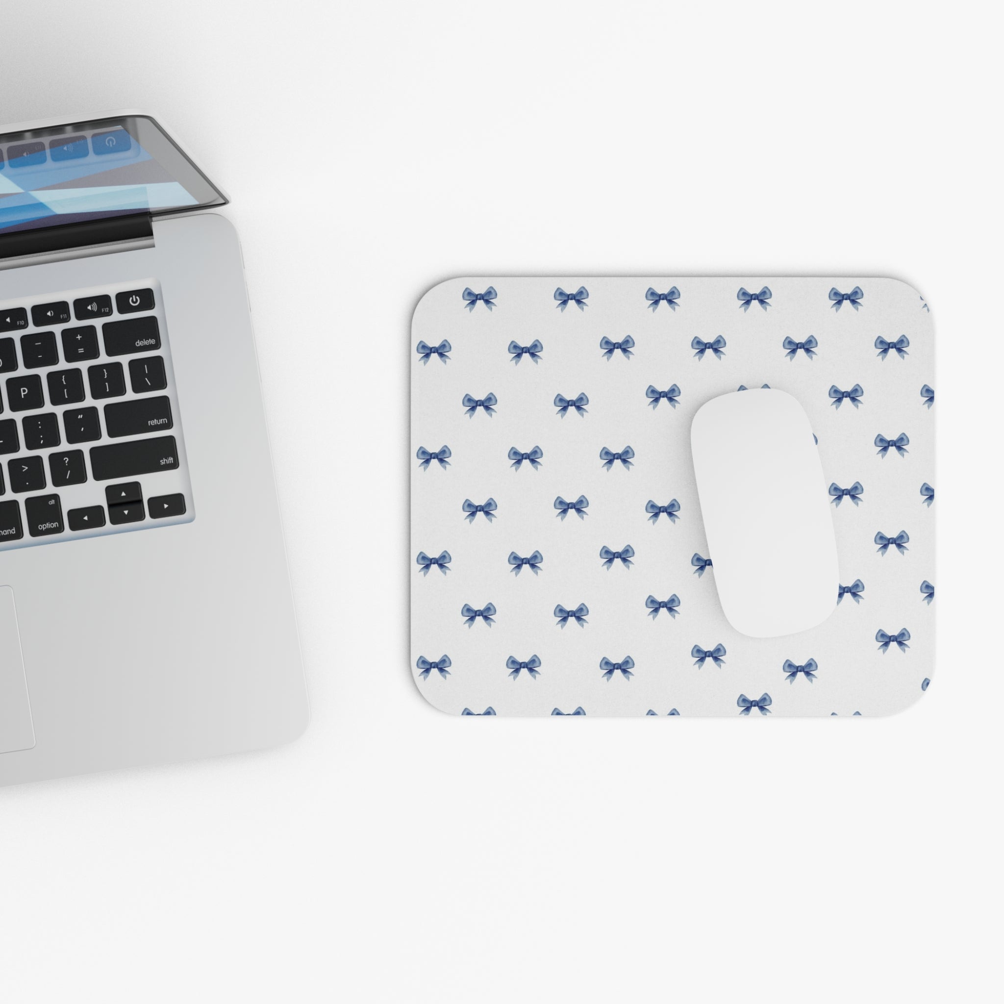 Blue Watercolor Bow Pattern Mouse Pad — Feminine Desk Accessory