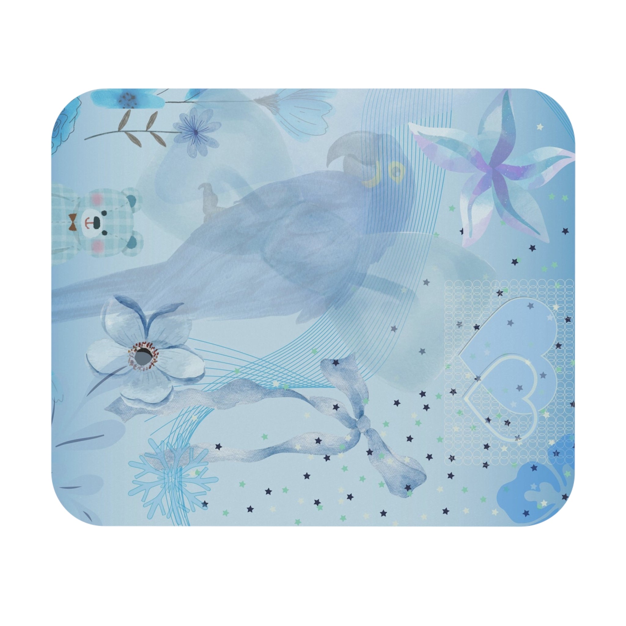 Blue Whimsy Floral Mouse Pad — Cute Pastel Flowers & Hearts Desk Mat