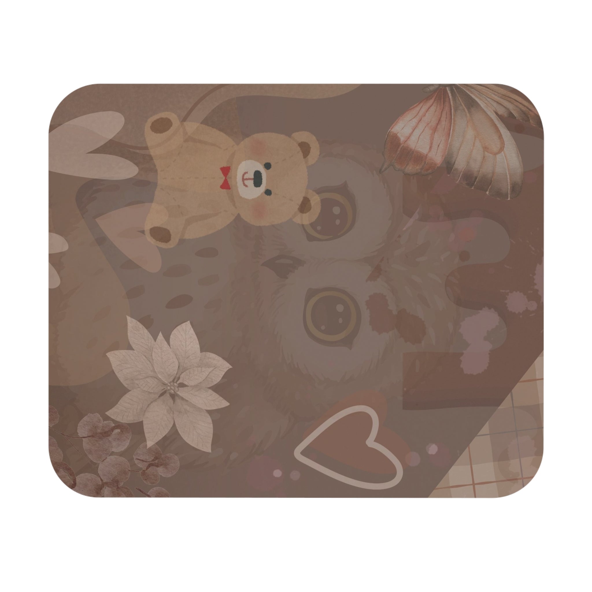 Cute Brown Teddy Bear Heart Mouse Pad – Cozy Floral Aesthetic Desk Mat