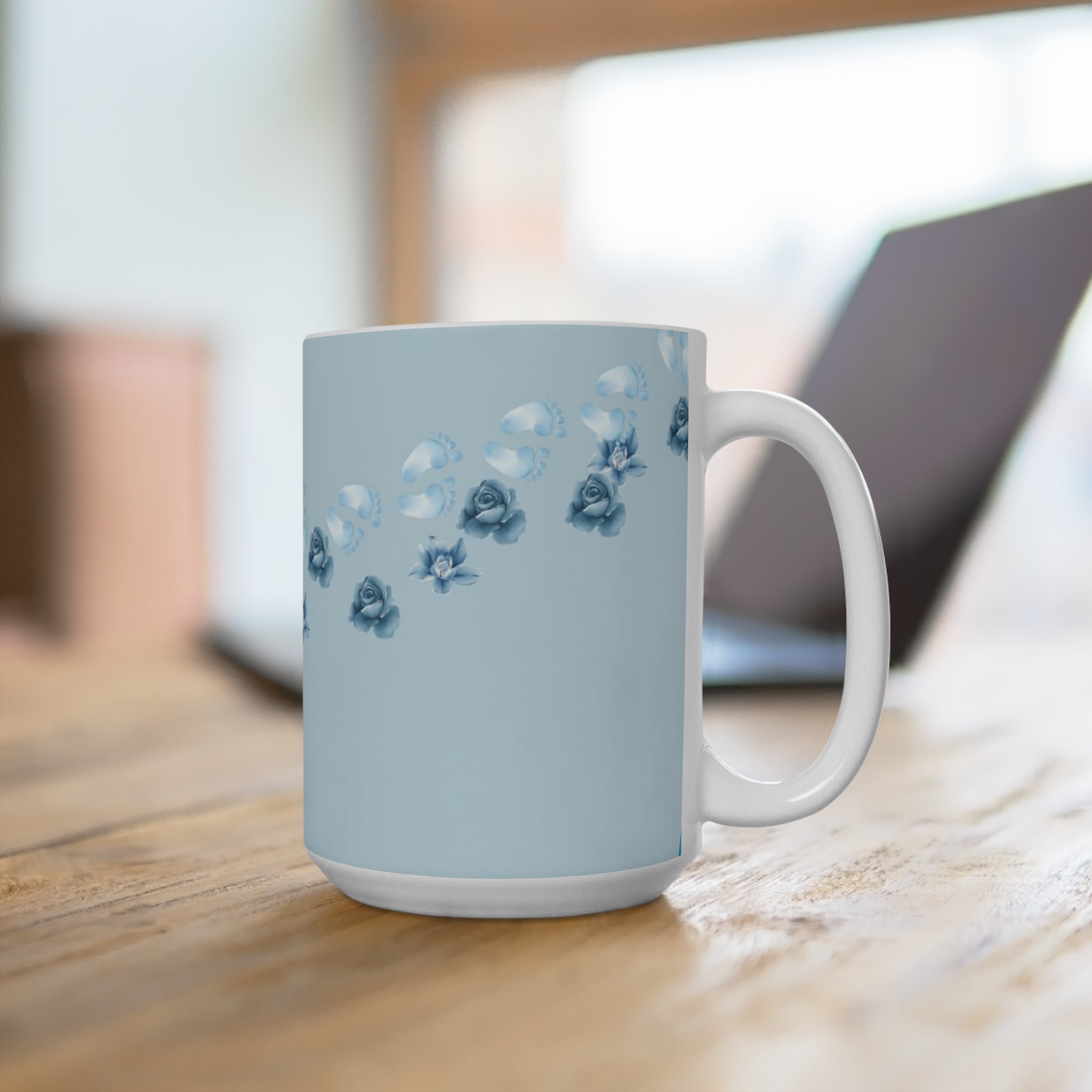 Blue Floral Ceramic Mug — Delicate Rose Pattern Tea & Coffee Cup